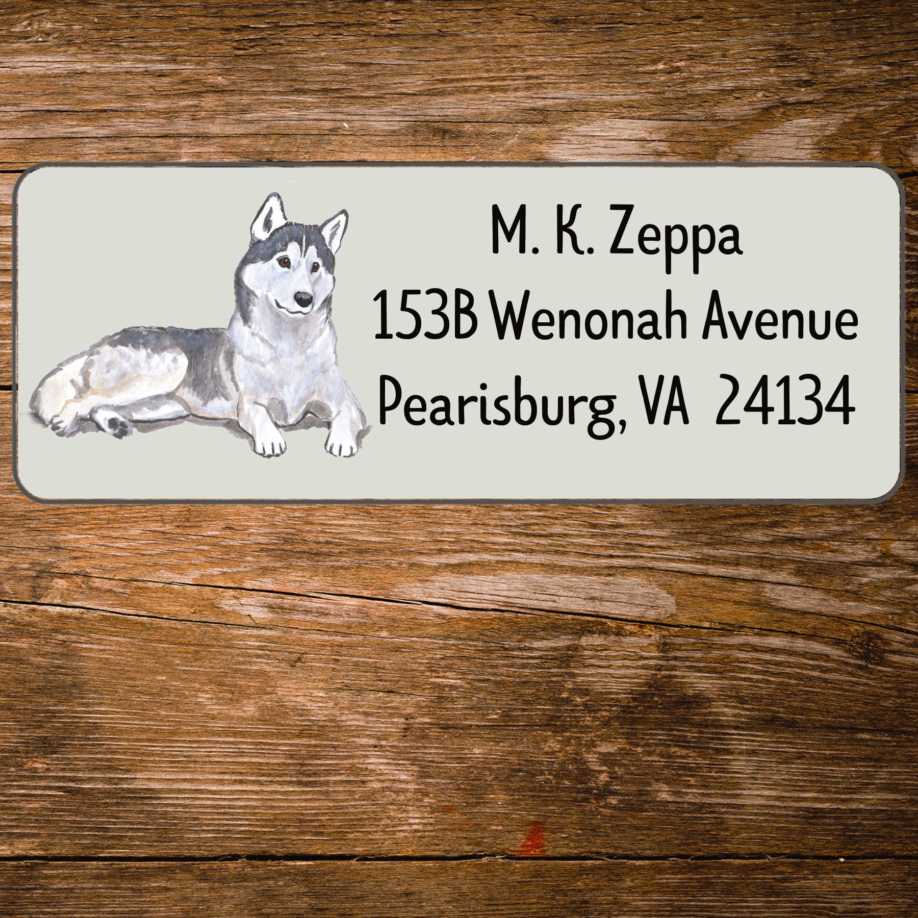 Return address label with a Siberian Husky illustration.