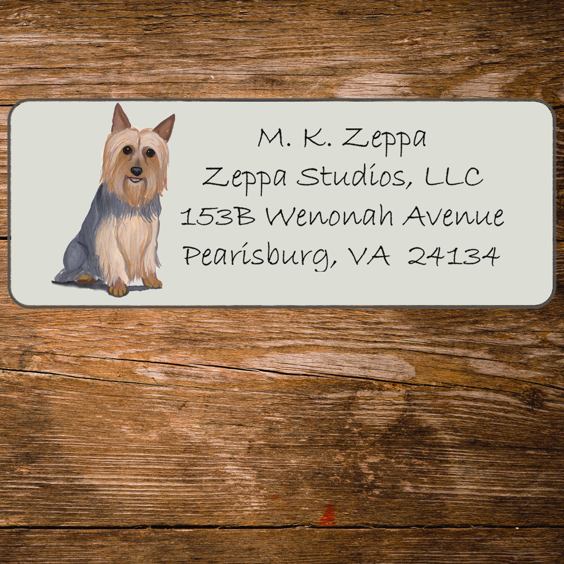 Return address label with a Silky Terrier illustration.