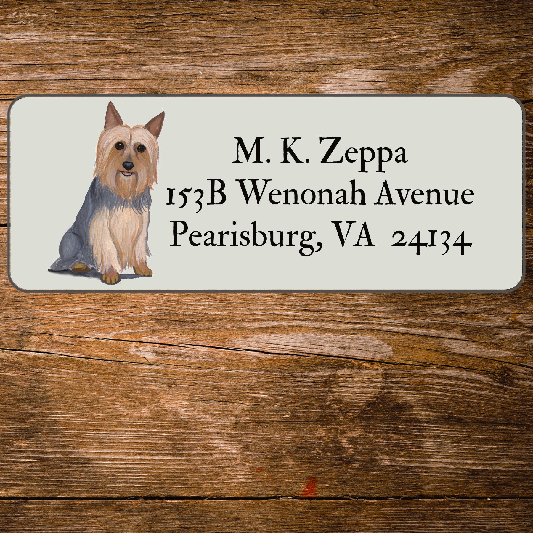Return address label with a Silky Terrier illustration.