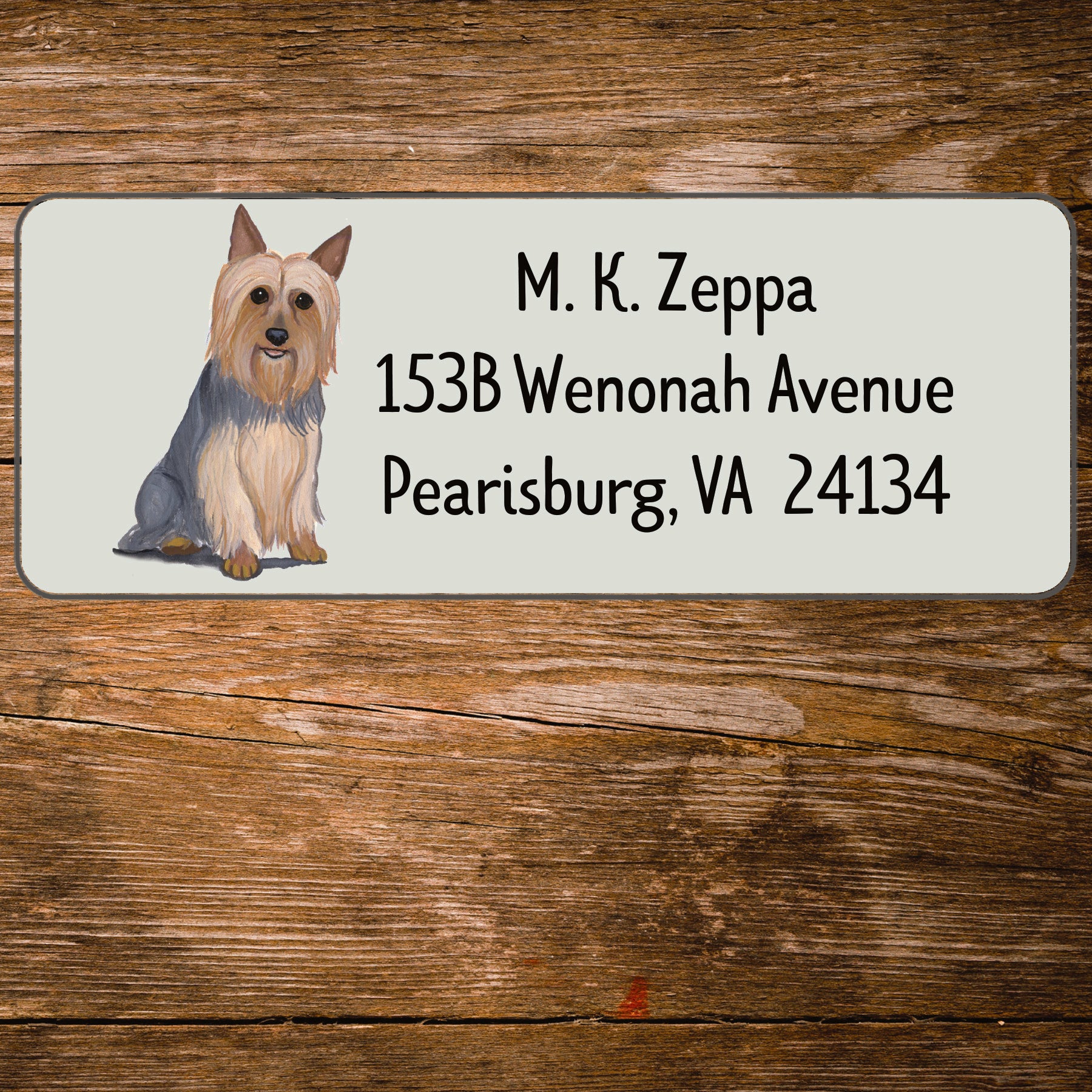 Return address label with a Silky Terrier illustration.