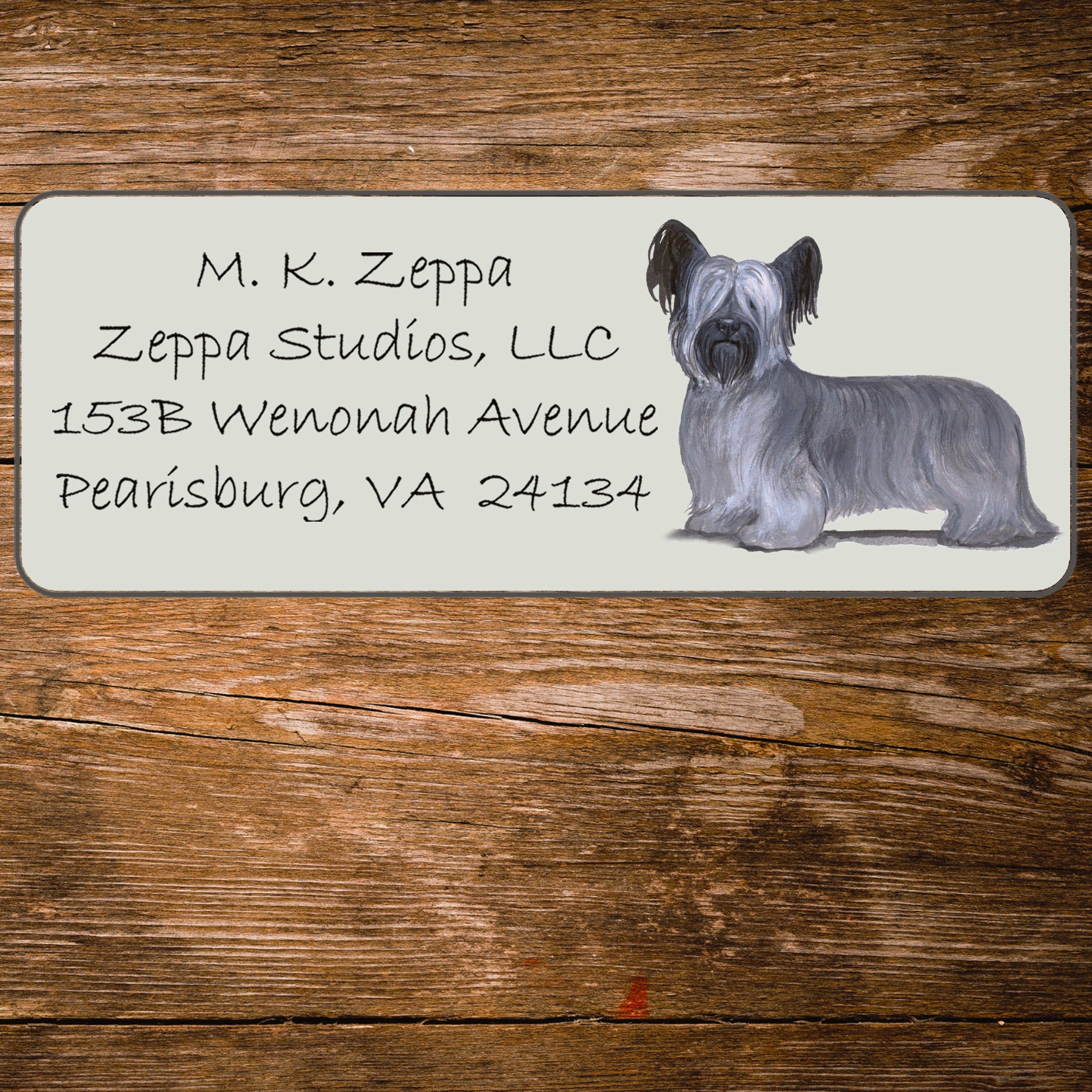 Return address label with a Skye Terrier illustration.