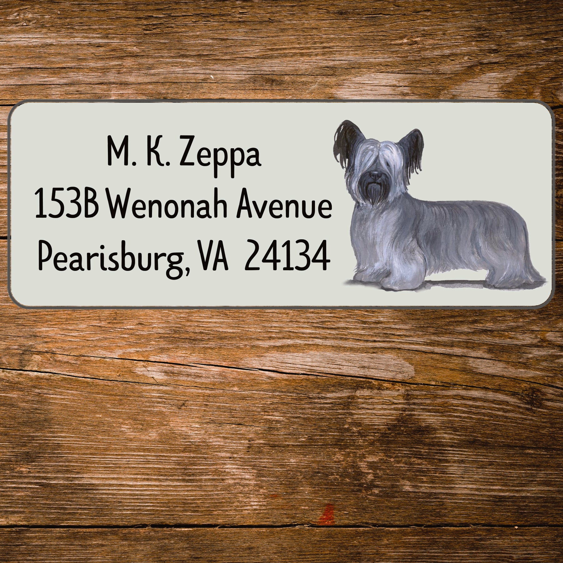Return address label with a Skye Terrier illustration.