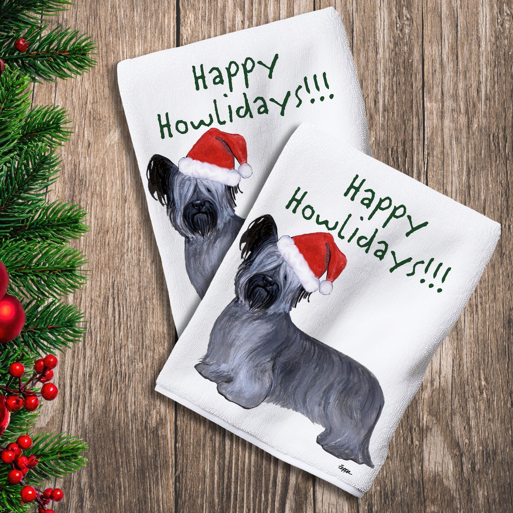 2 Kitchen Towels with a Skye Terrier in a Santa Hat and Happy Howlidays text.
