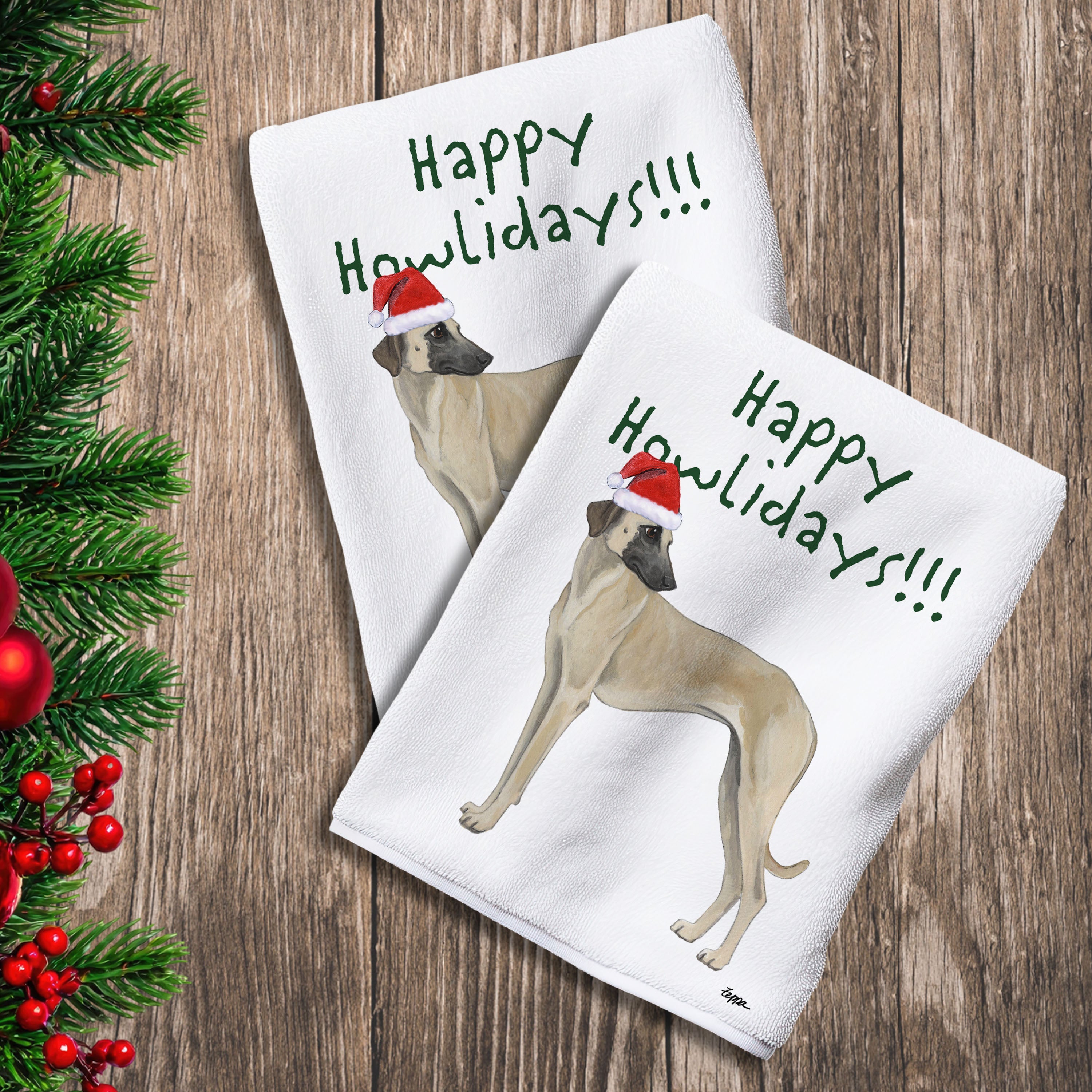 2 Kitchen Towels with a Sloughi in a Santa Hat and Happy Howlidays text.
