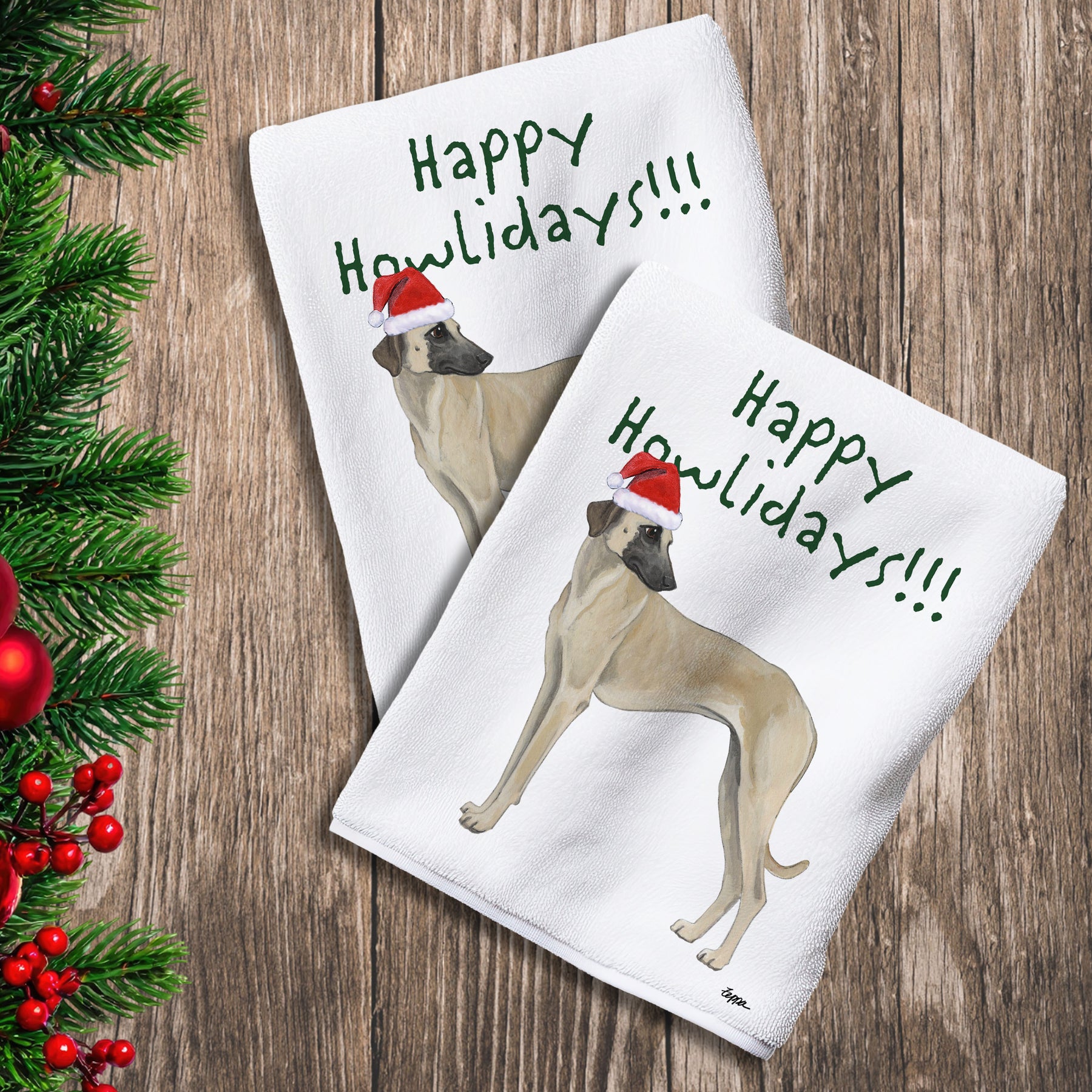 2 Kitchen Towels with a Sloughi in a Santa Hat and Happy Howlidays text.
