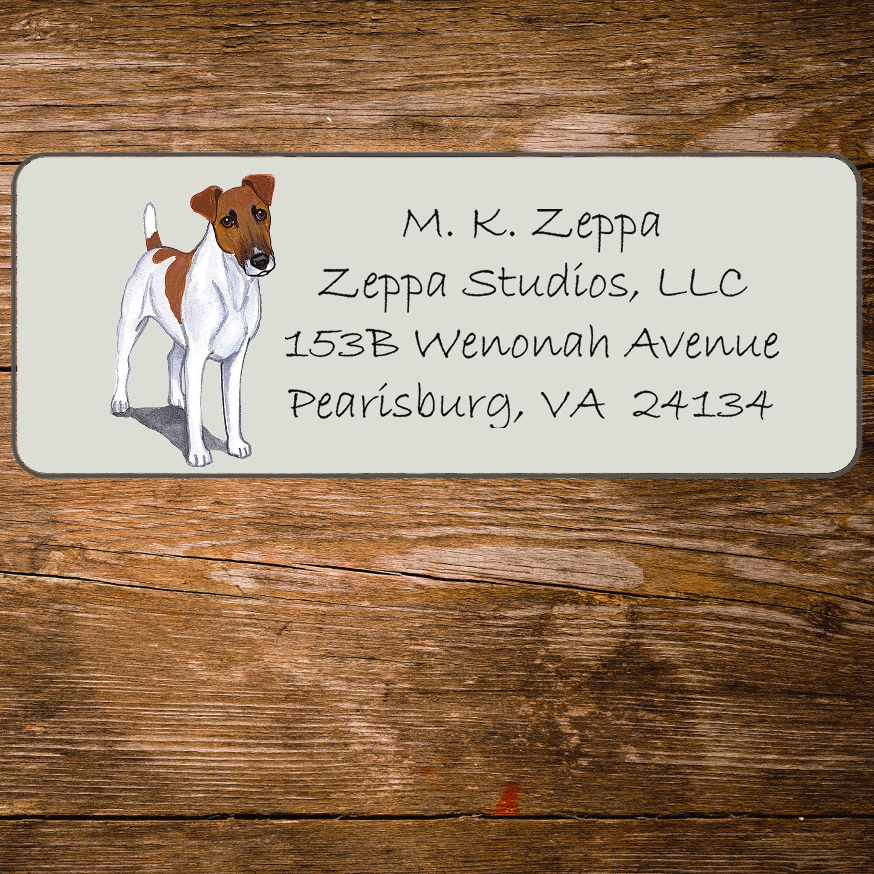 Return address label with a Smooth Fox Terrier illustration.
