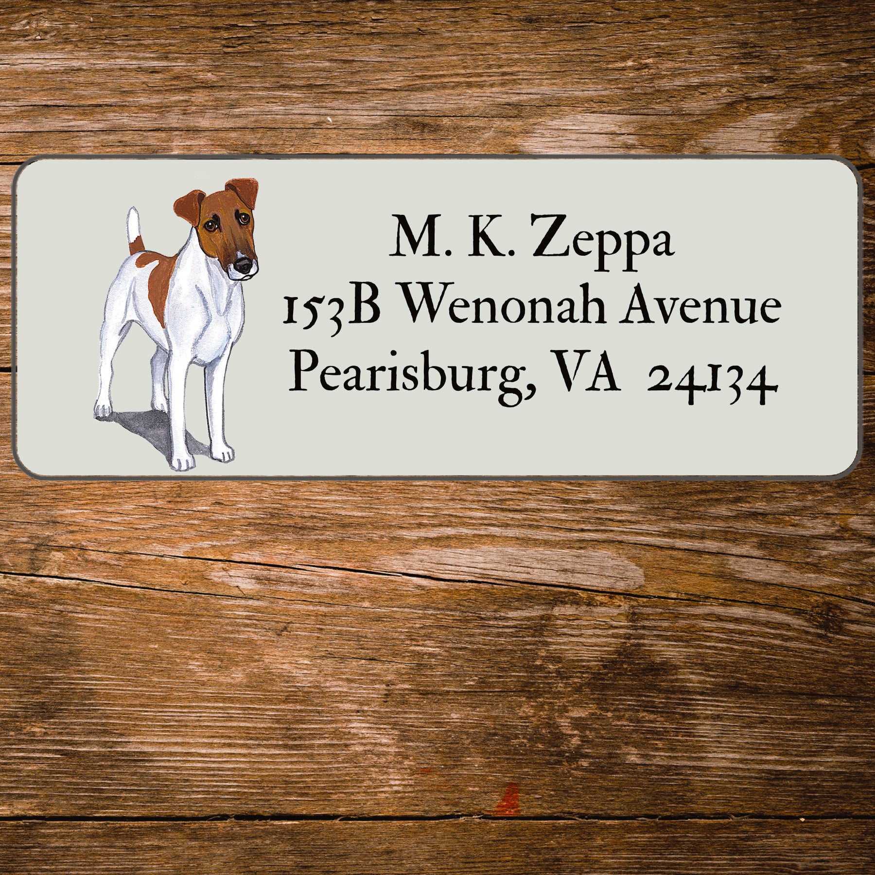 Return address label with a Smooth Fox Terrier illustration.