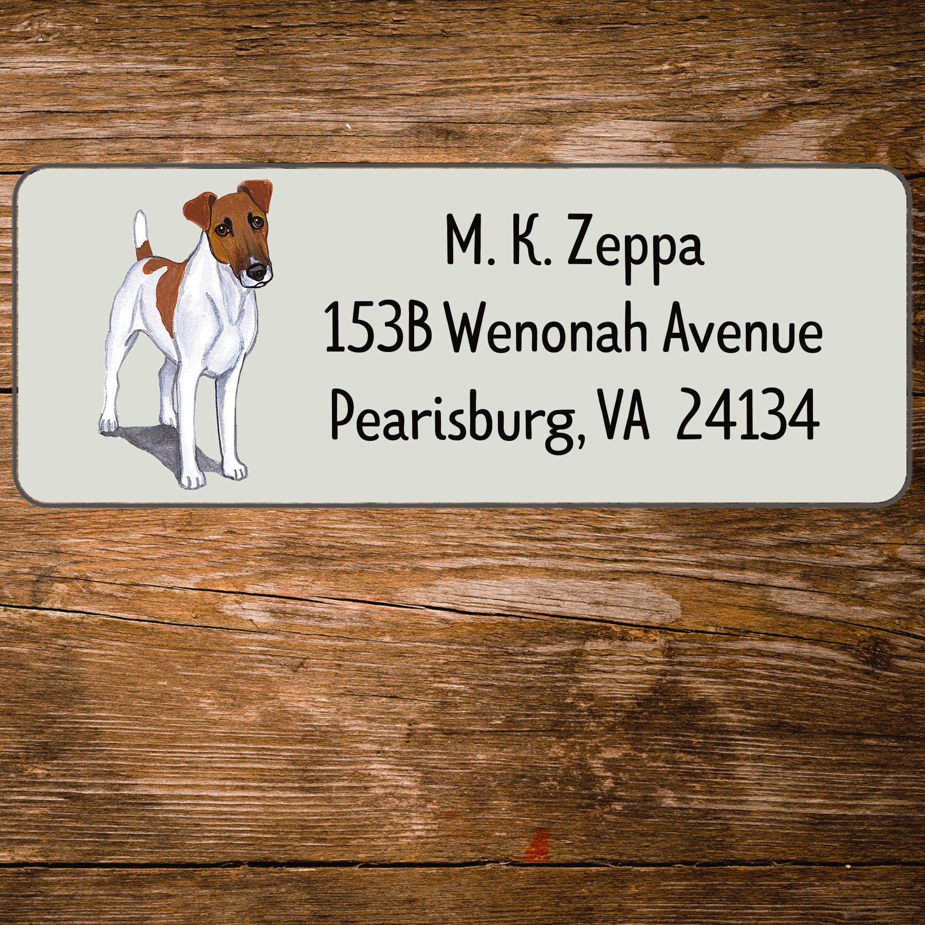 Return address label with a Smooth Fox Terrier illustration.