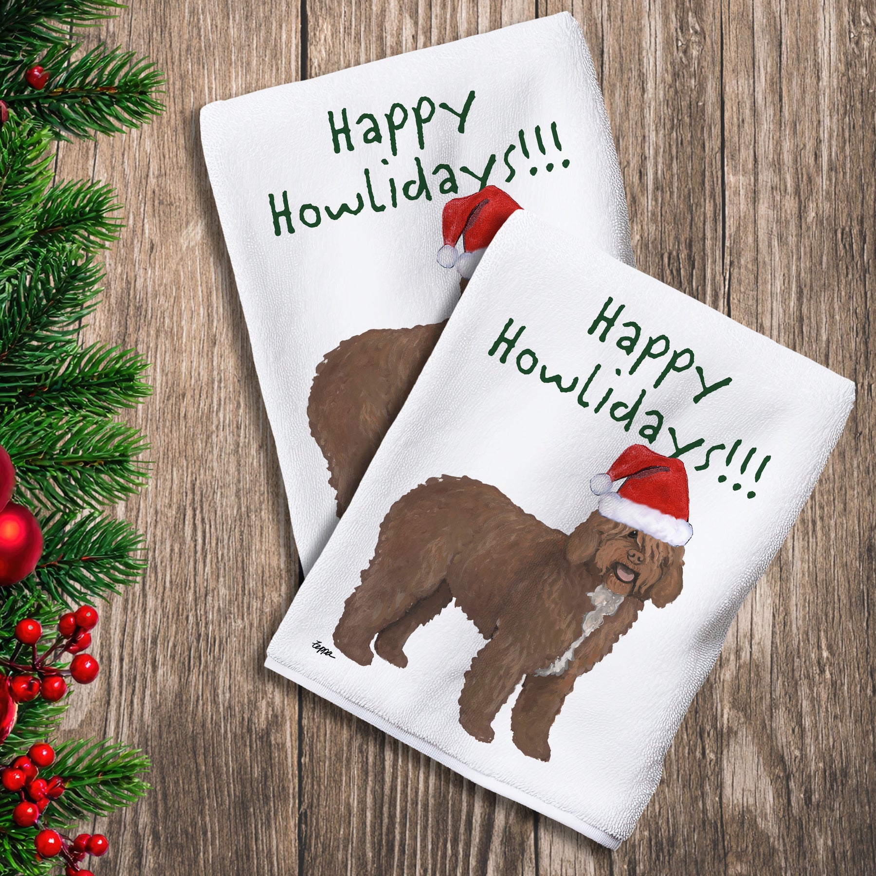 2 Kitchen Towels with a Spanish Water Spaniel in a Santa Hat and Happy Howlidays text.