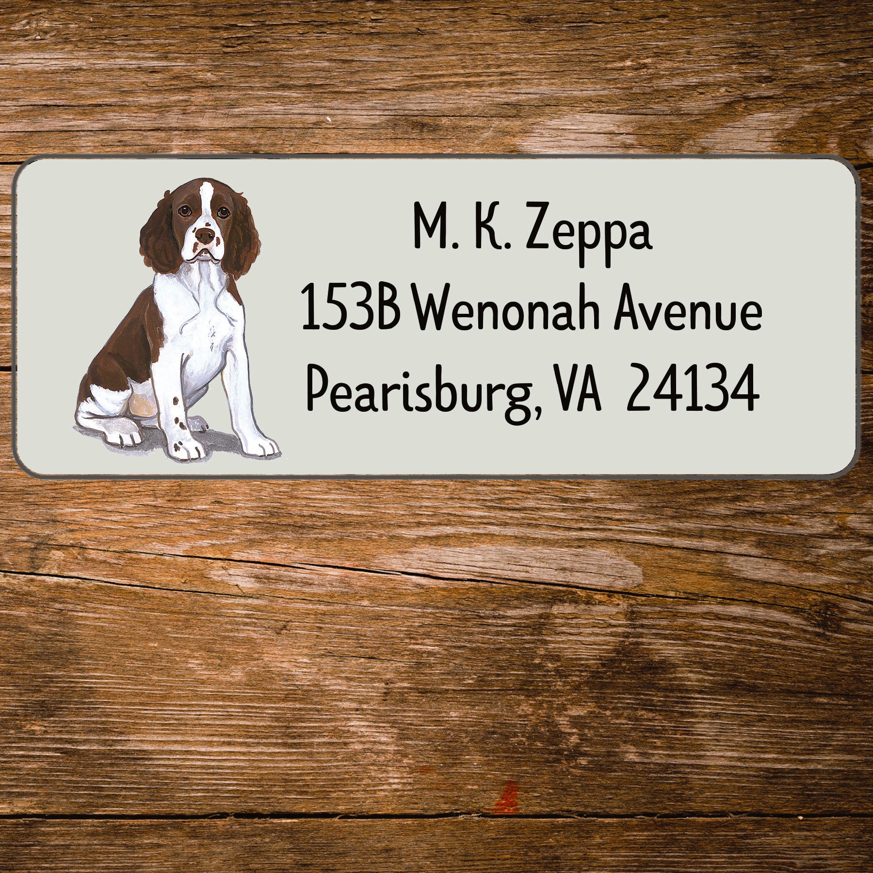 Return address label with a Springer Spaniel illustration.