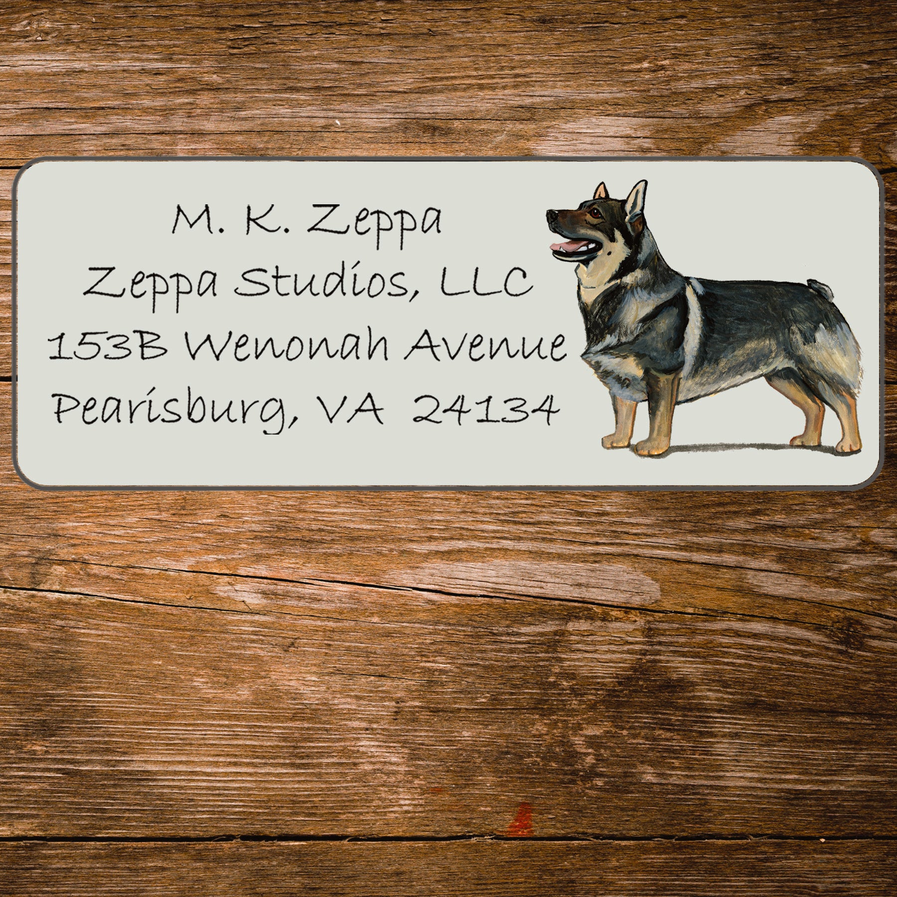 Return address label with a Swedish Valhund illustration.