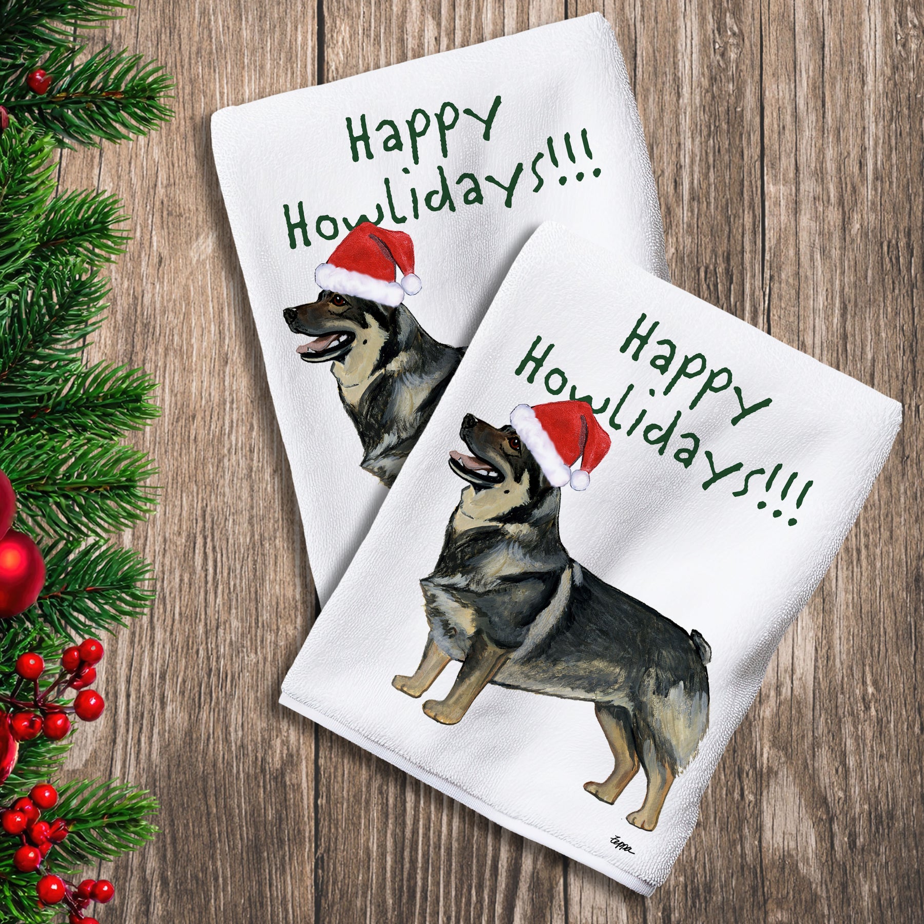 2 Kitchen Towels with a Swedish Vallhund in a Santa Hat and Happy Howlidays text.
