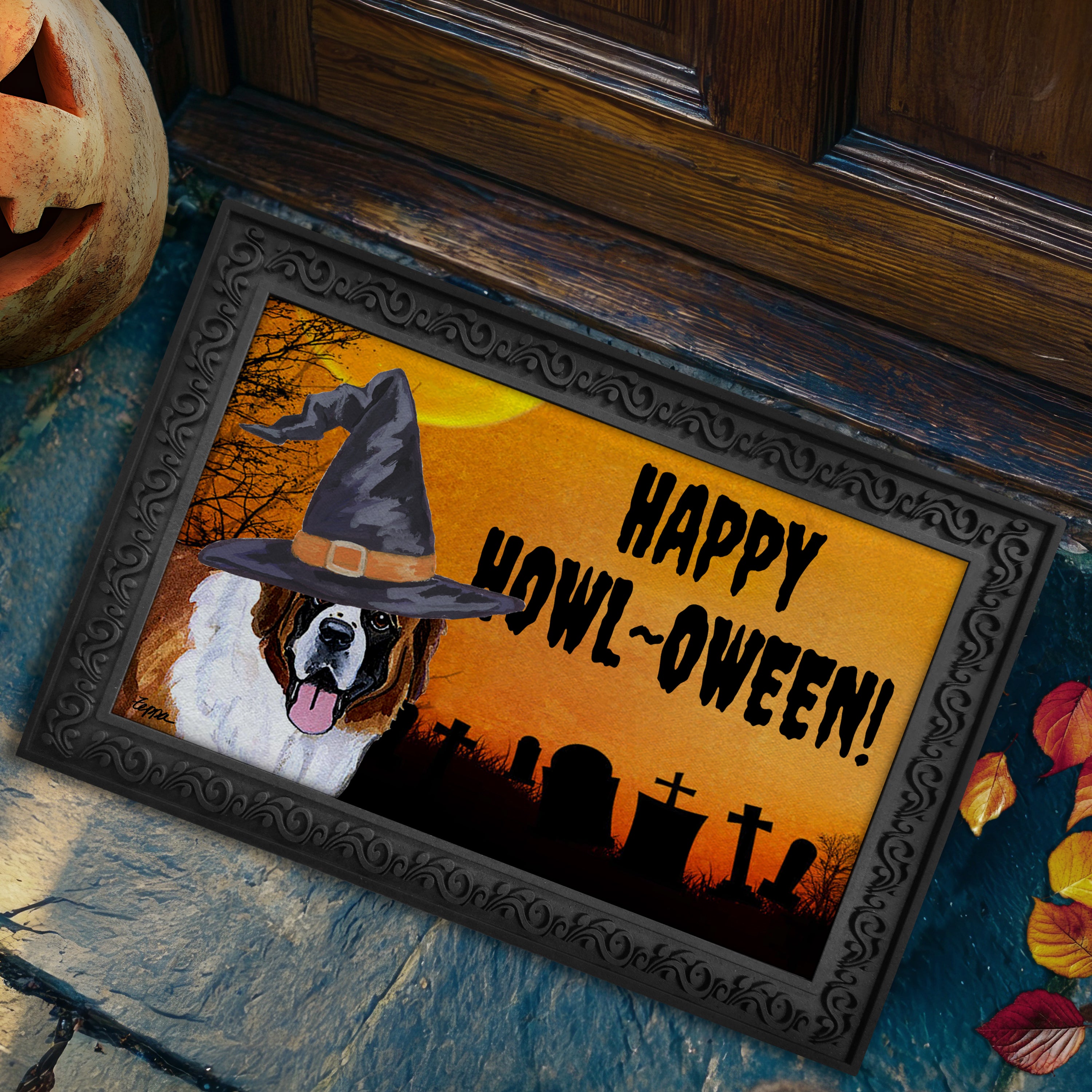 Halloween-themed doormat with a Saint Bernard wearing a witch hat and 'Happy Howl-Oween!' text.