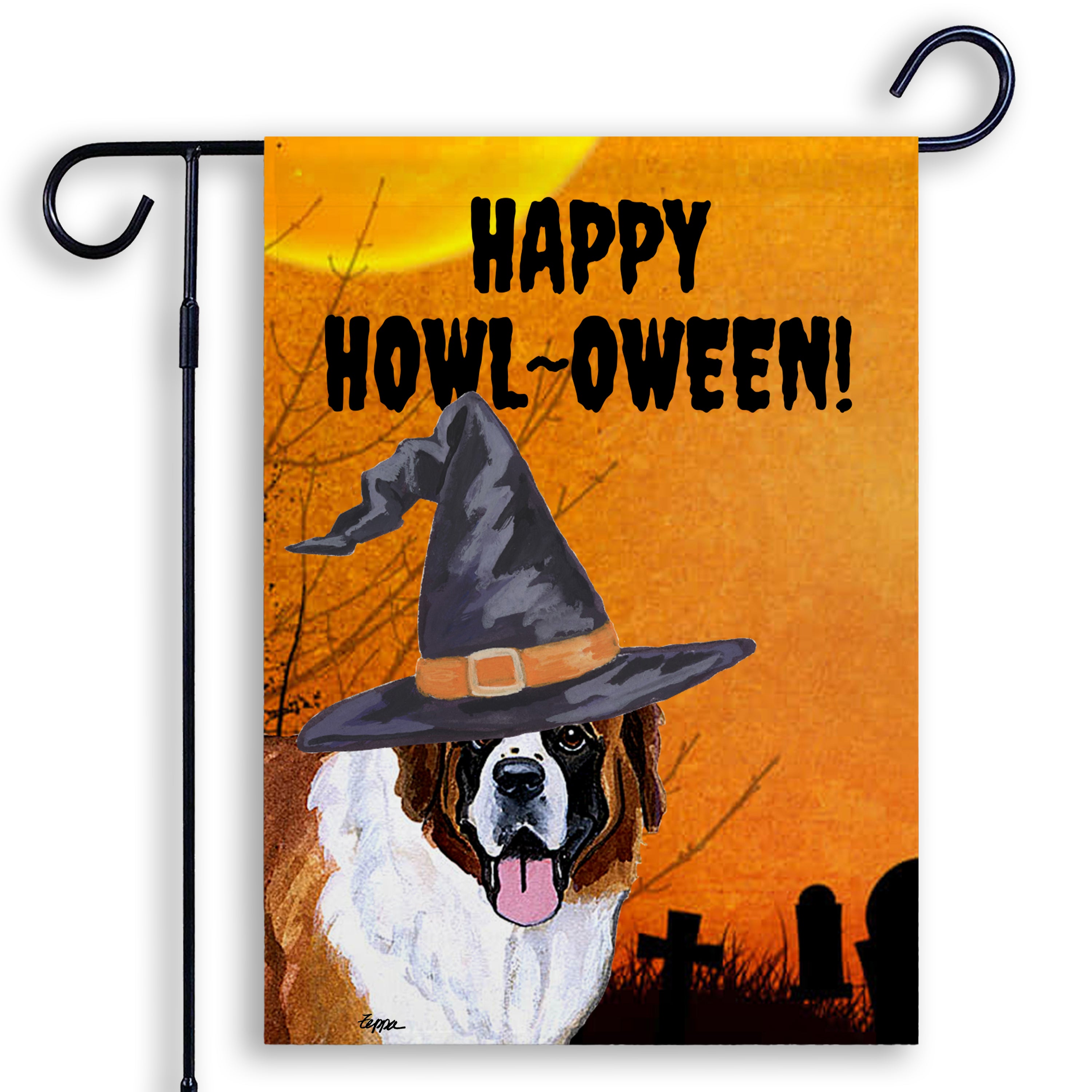 Halloween-themed garden flag with a Saint Bernard wearing a witch hat and 'Happy Howl-Oween!' text on an orange background.