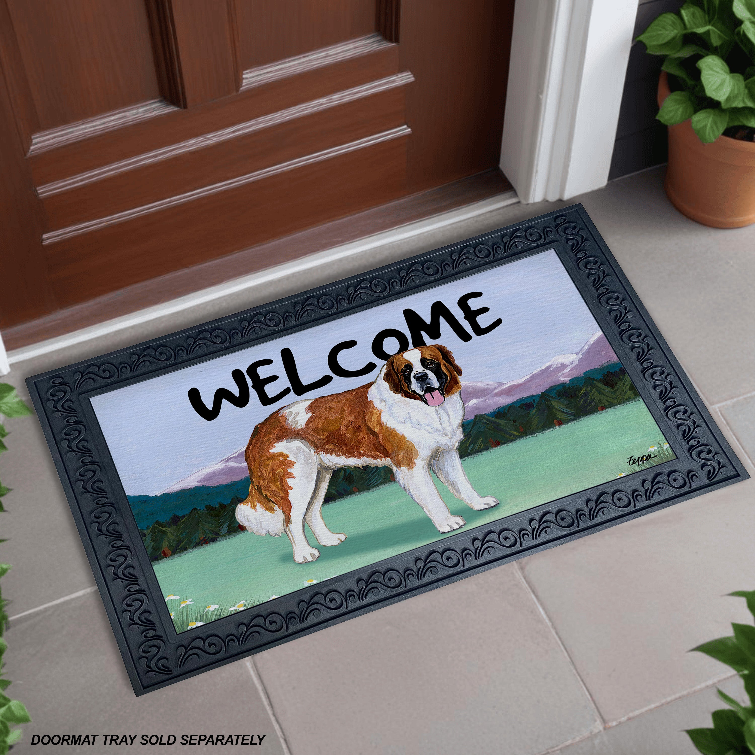 Saint Bernard Mountain Scene Welcome Mat