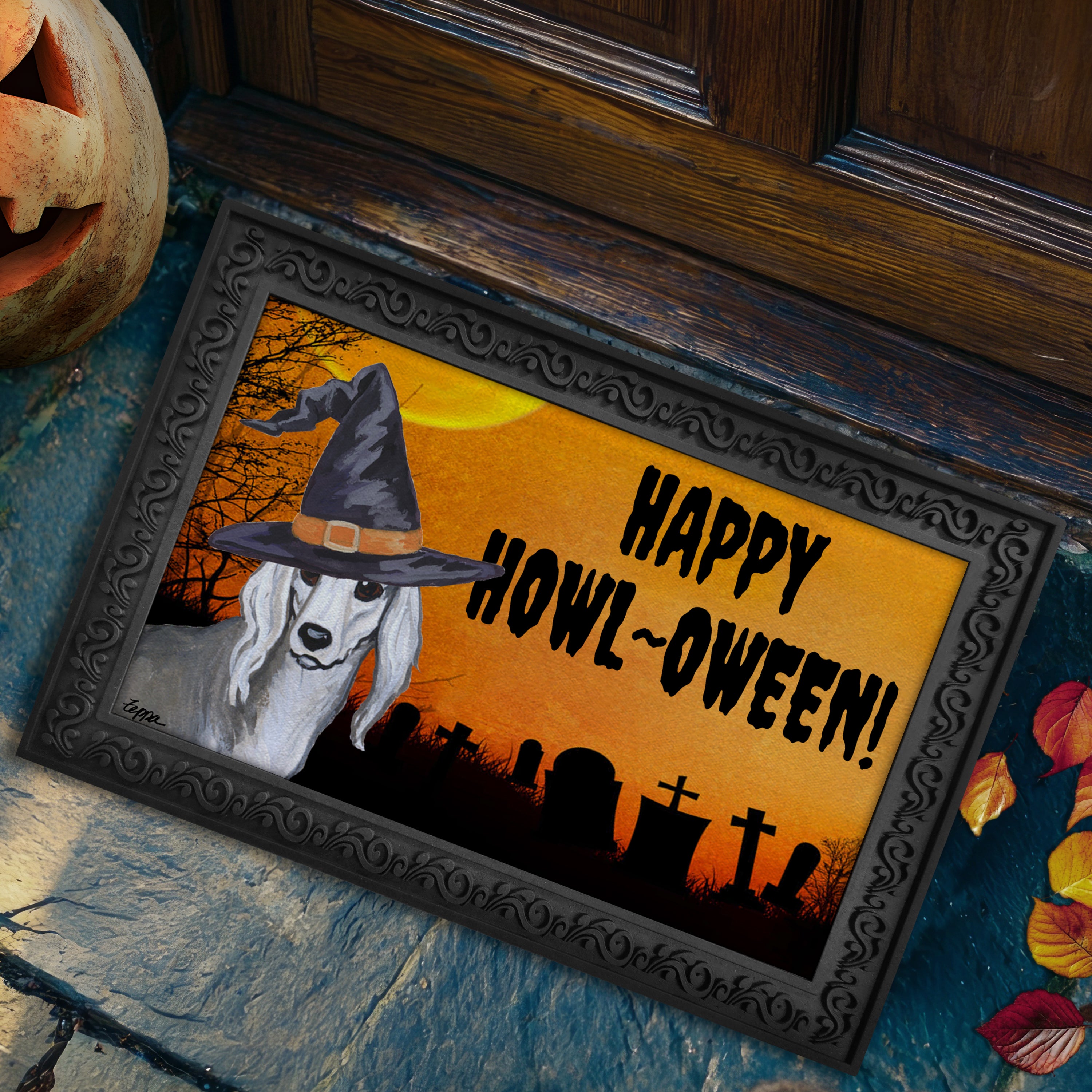 Halloween-themed doormat with a Saluki wearing a witch hat and 'Happy Howl-Oween!' text.