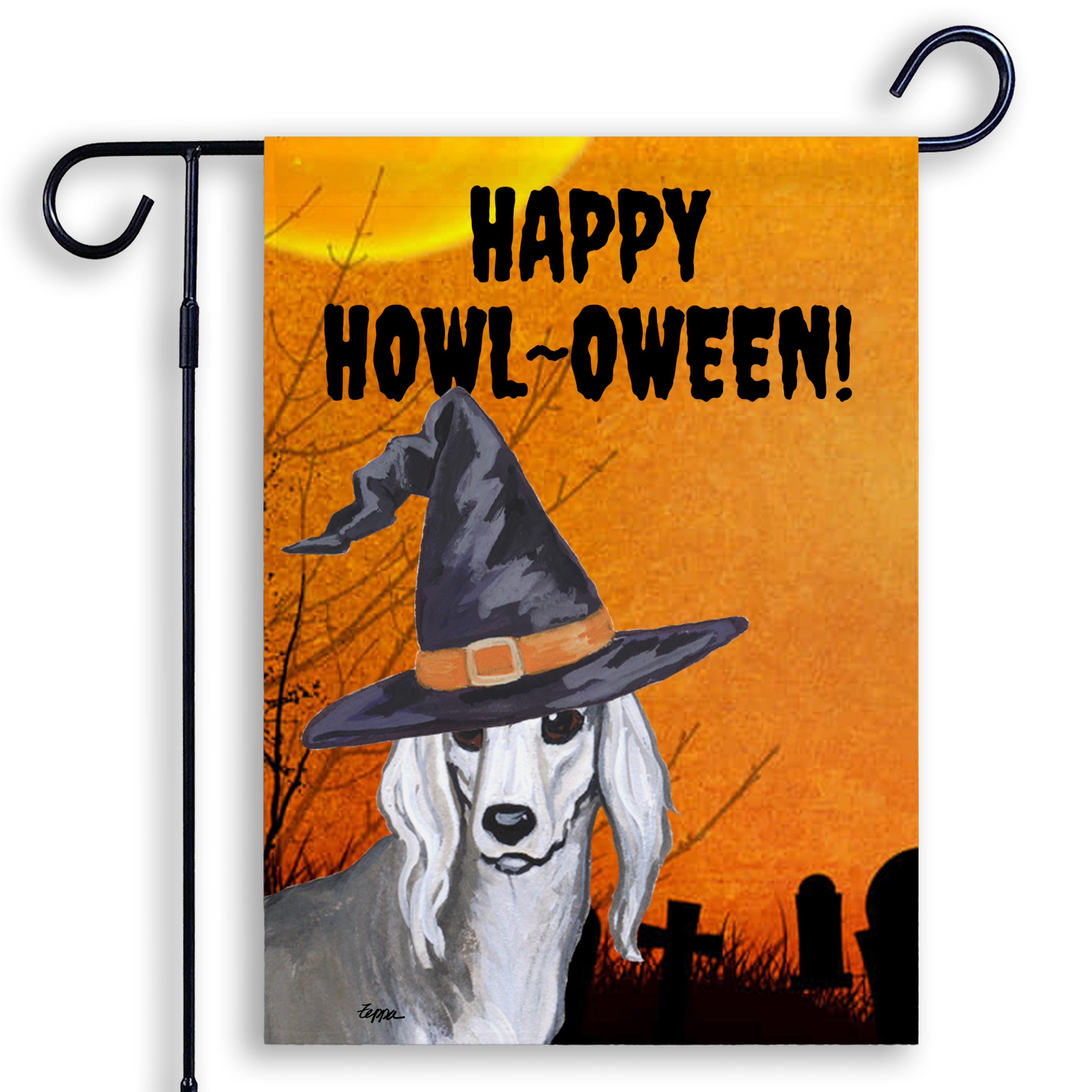 Halloween-themed garden flag with a Saluki wearing a witch hat and 'Happy Howl-Oween!' text on an orange background.