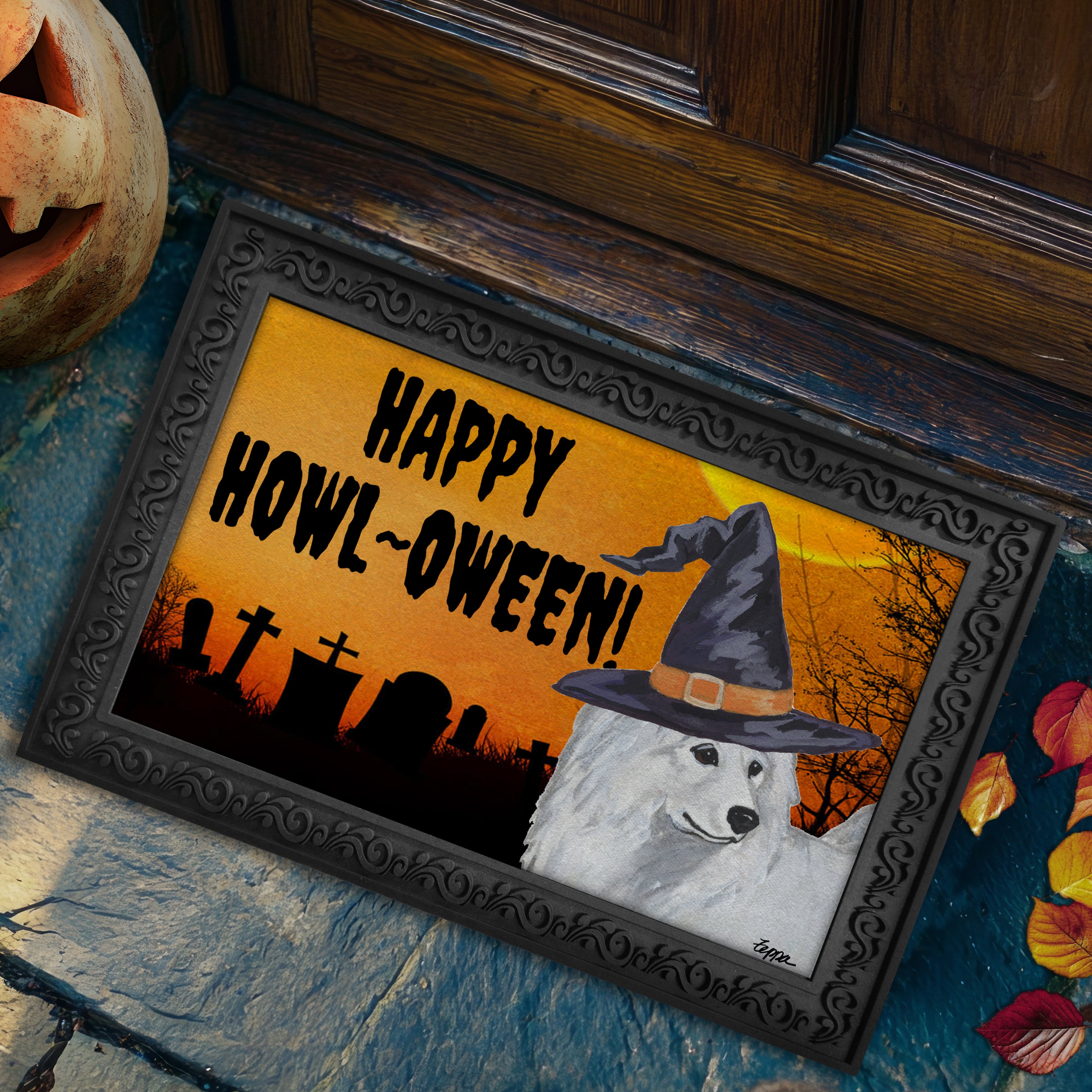 Halloween-themed doormat with a Samoyed wearing a witch hat and 'Happy Howl-Oween!' text.