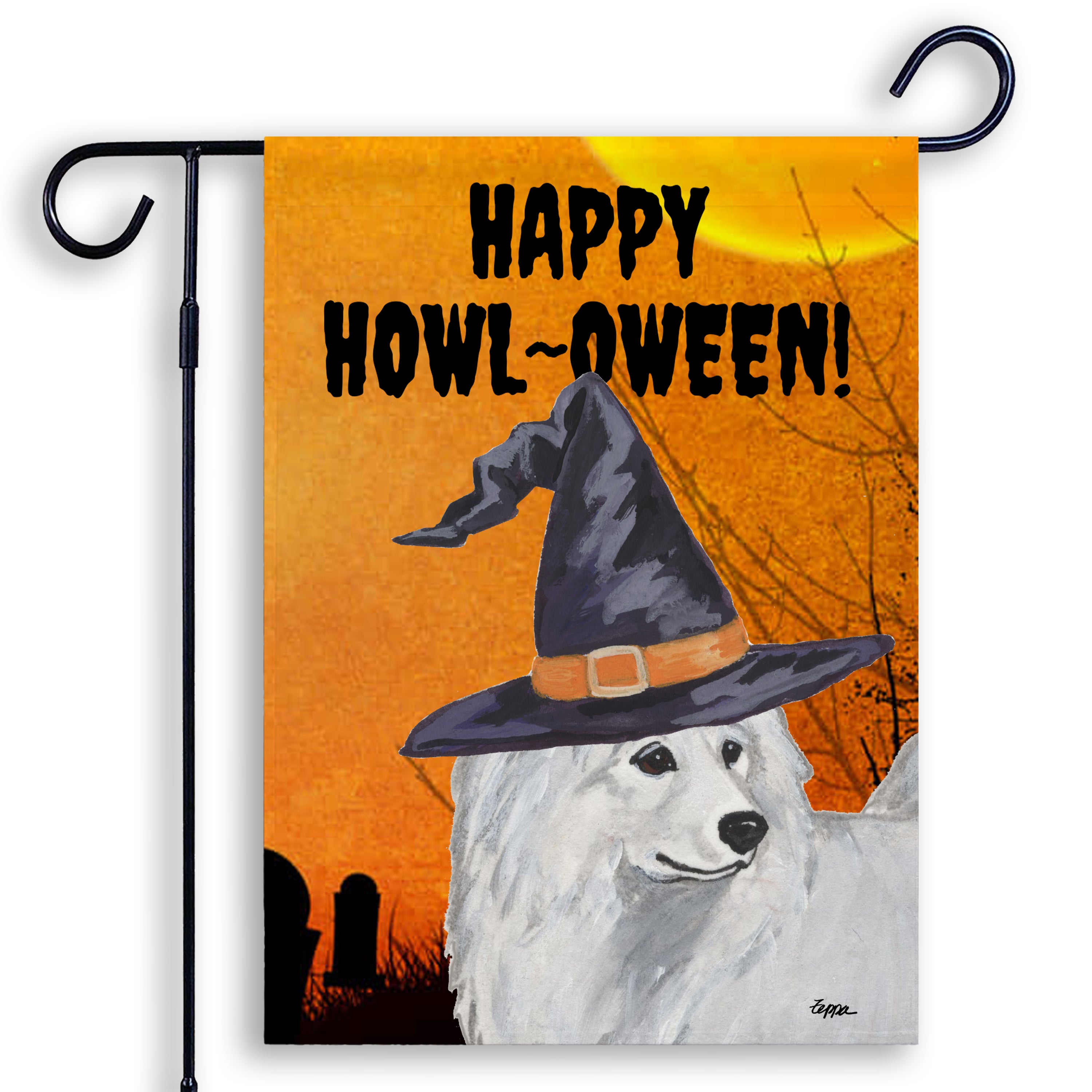 Halloween-themed garden flag with a Samoyed wearing a witch hat and 'Happy Howl-Oween!' text on an orange background.