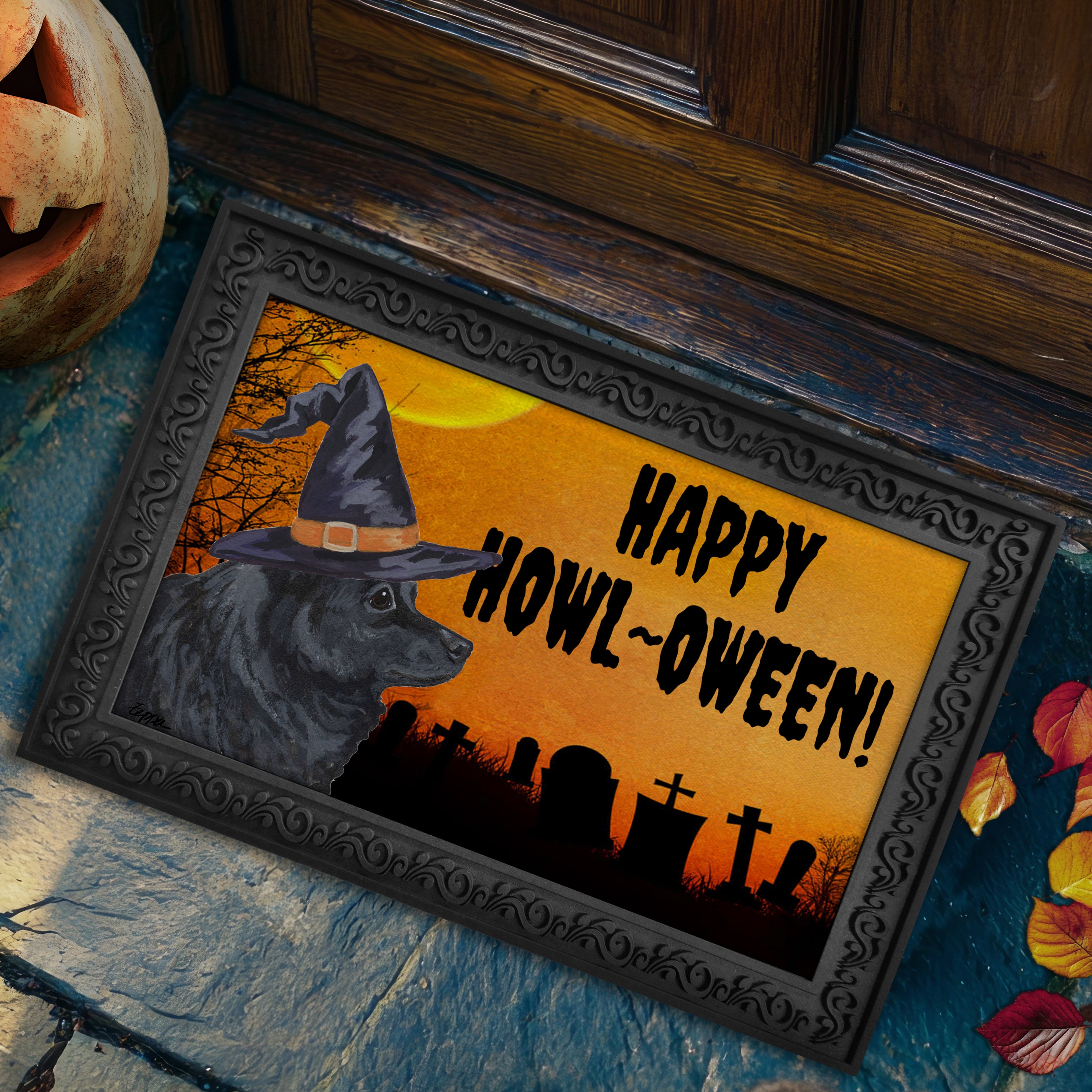 Halloween-themed doormat with a Schipperke wearing a witch hat and 'Happy Howl-Oween!' text.