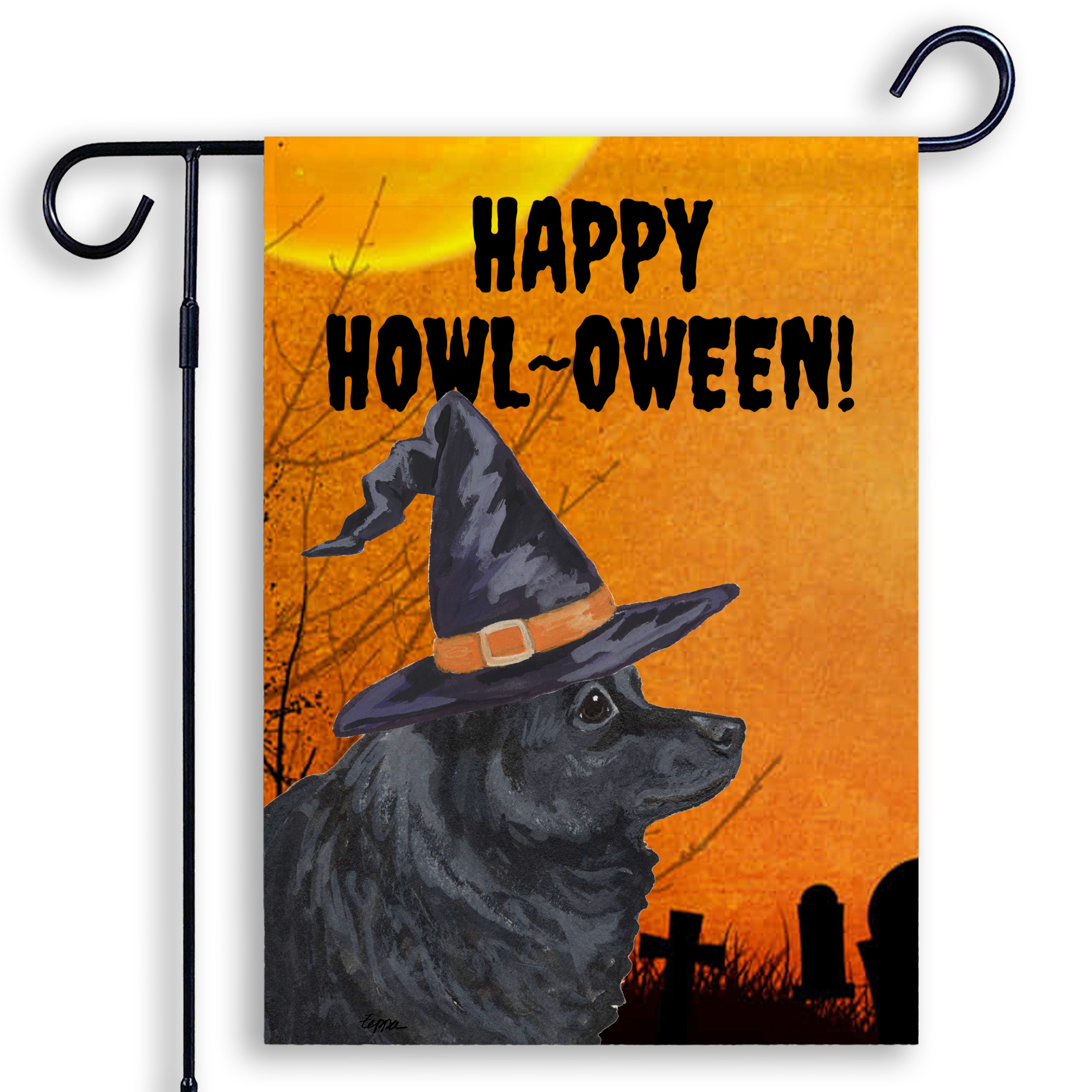 Halloween-themed garden flag with a Schipperke wearing a witch hat and 'Happy Howl-Oween!' text on an orange background.