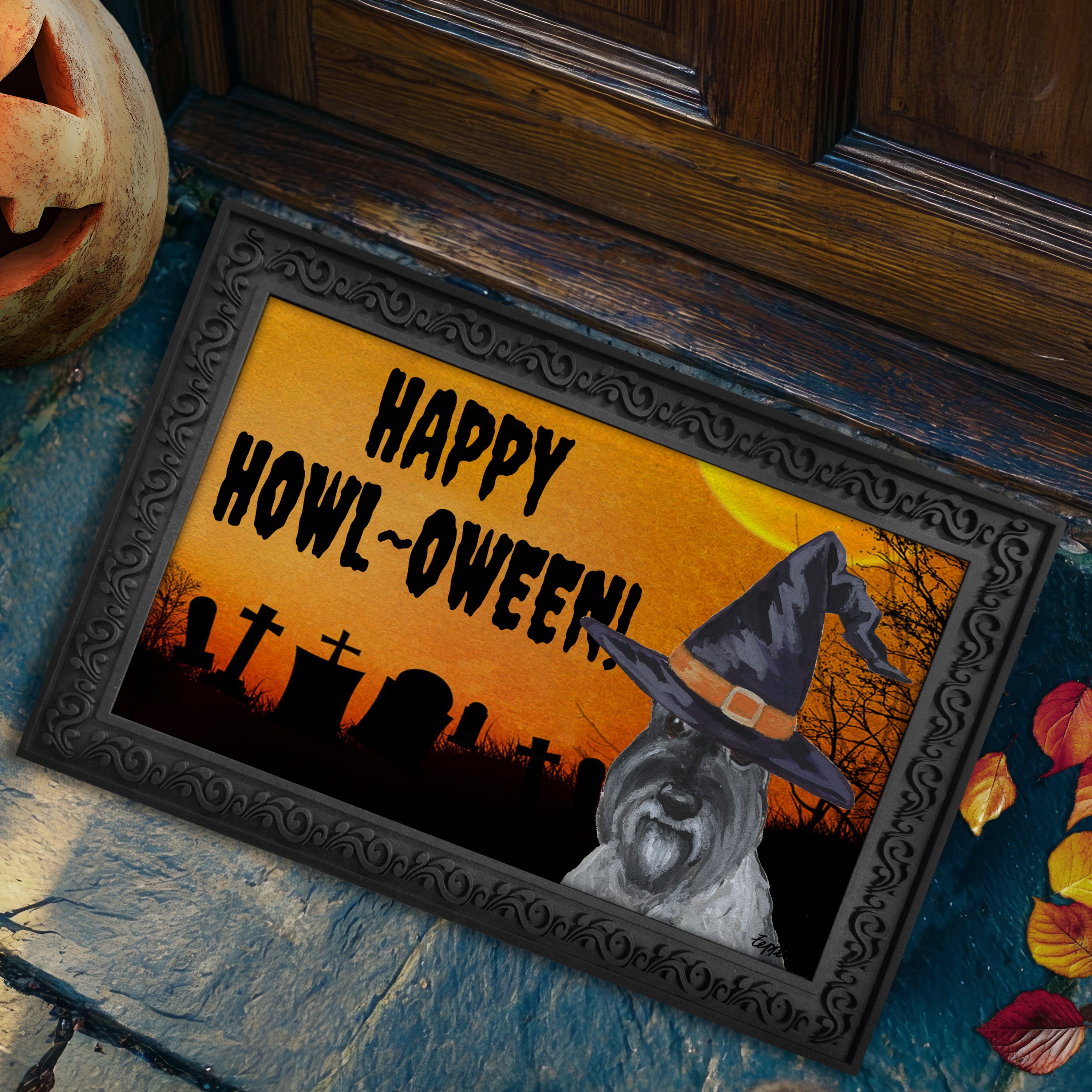 Halloween-themed doormat with a Schnauzer wearing a witch hat and 'Happy Howl-Oween!' text.