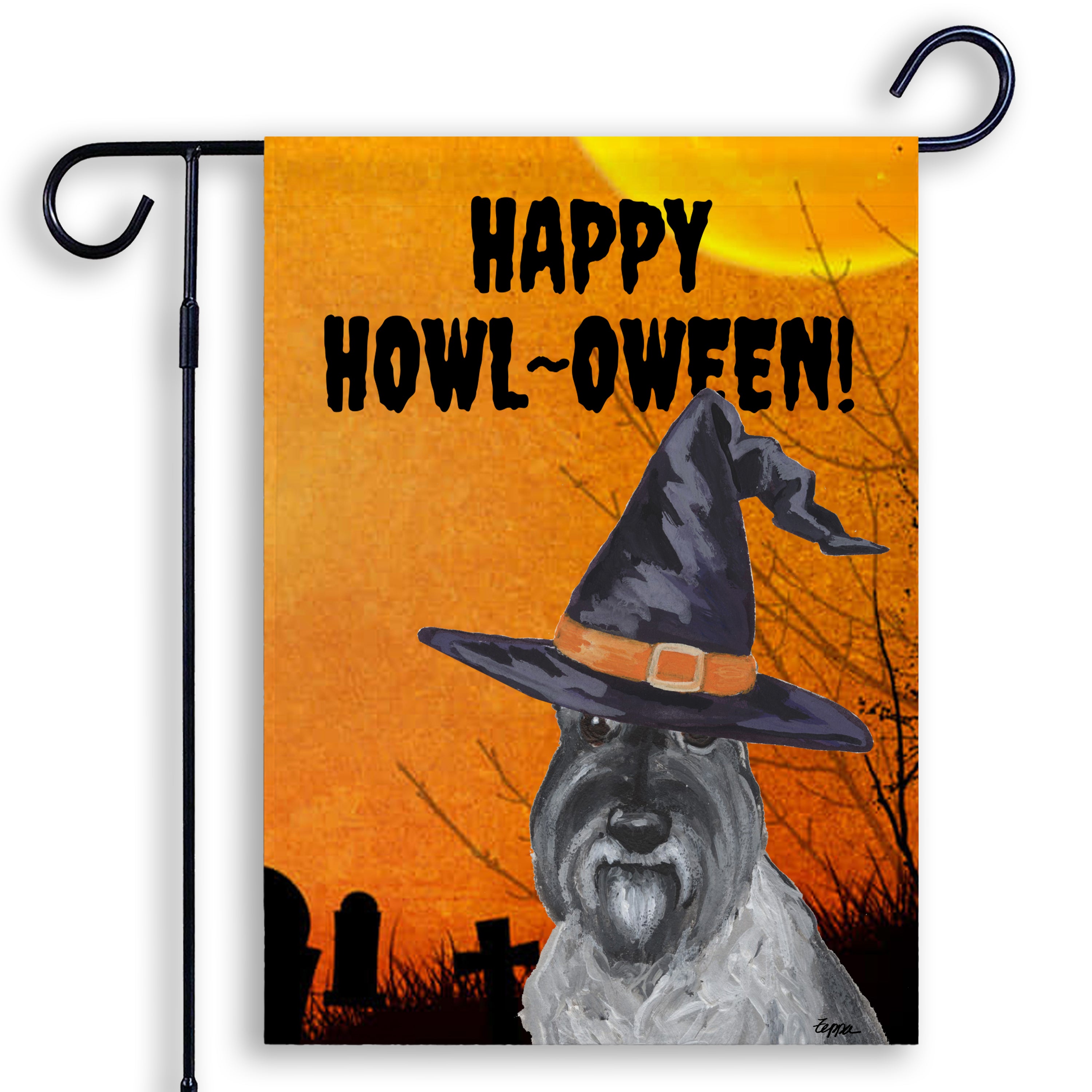 Halloween-themed garden flag with a Schnauzer wearing a witch hat and 'Happy Howl-Oween!' text on an orange background.