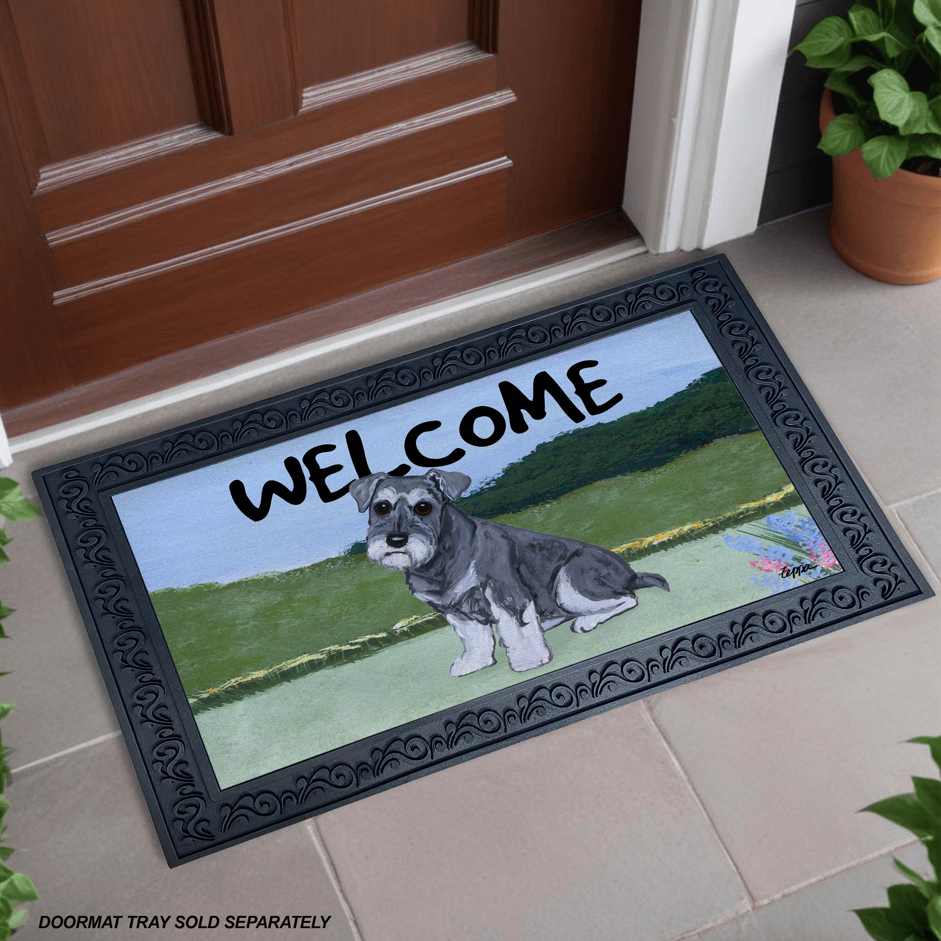 Schnauzer Puppy Yard Scene Welcome Mat