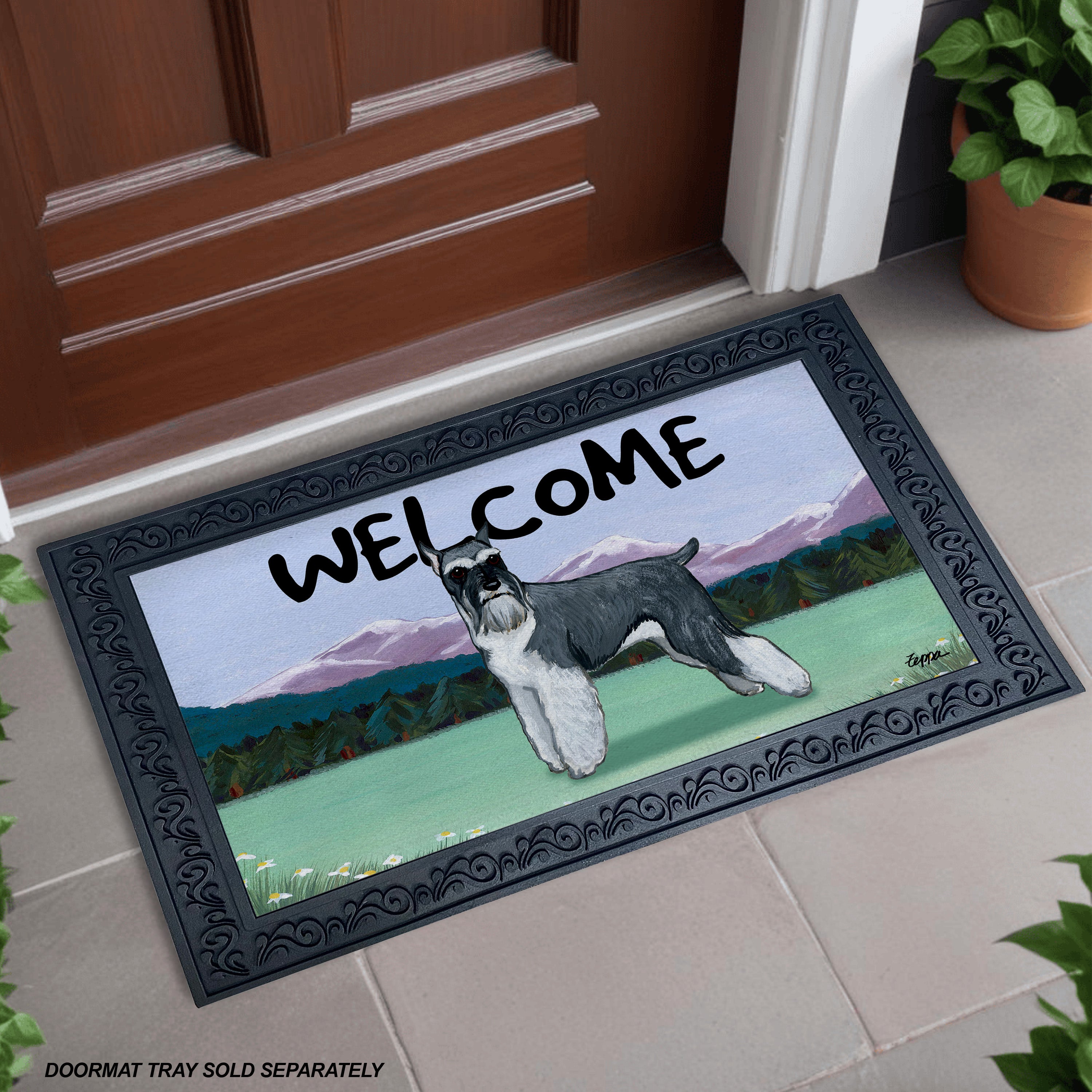 Standing Schnauzer Mountain Scene Welcome Mat