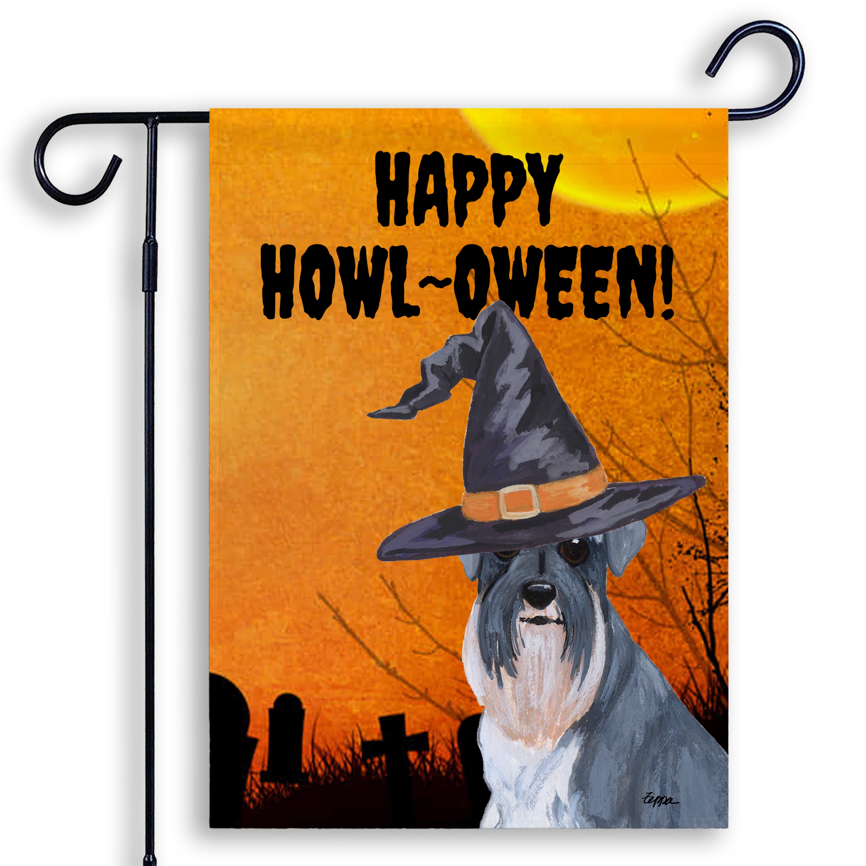 Halloween-themed garden flag with a Schnauzer wearing a witch hat and 'Happy Howl-Oween!' text on an orange background.