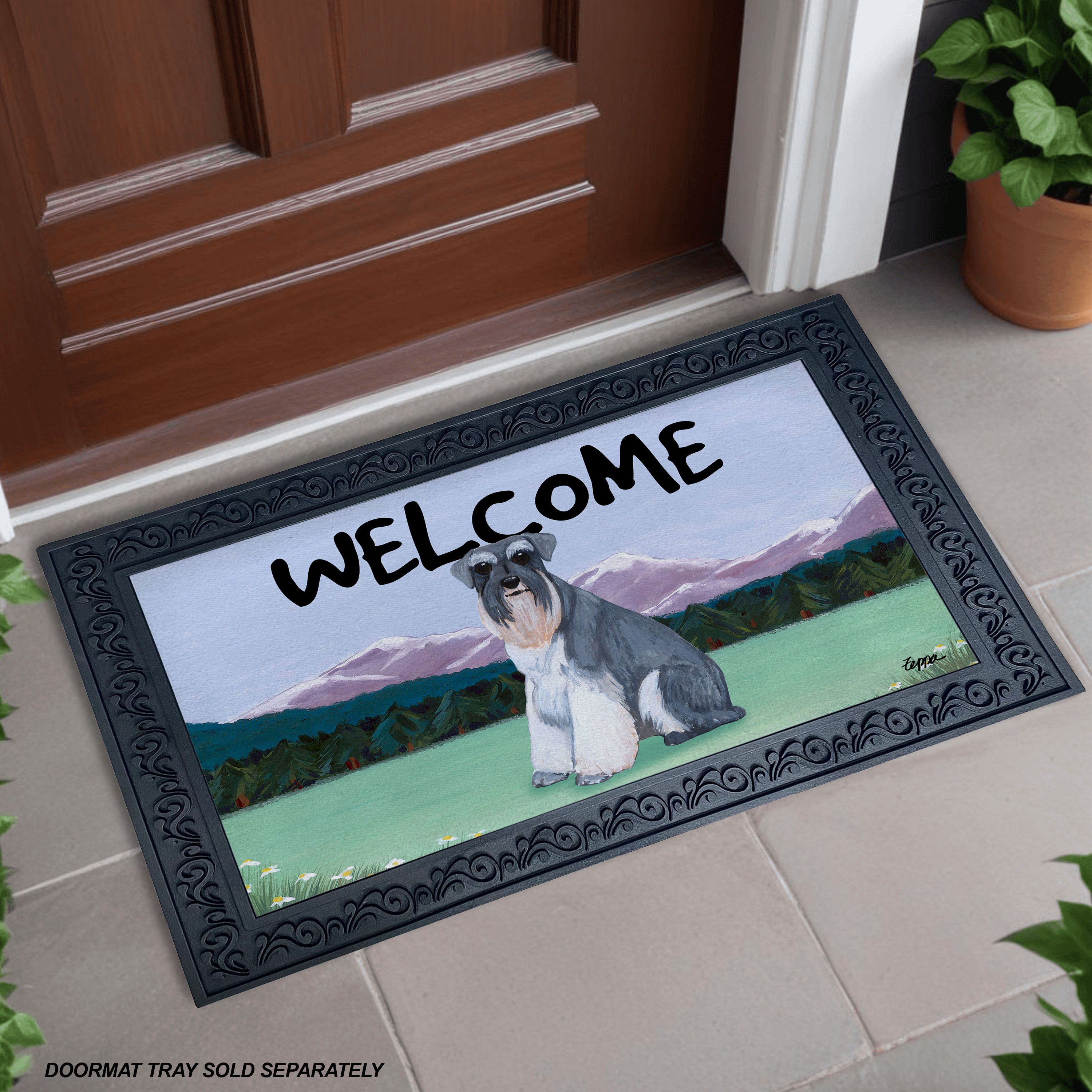 Schnauzer Uncropped Mountain Scene Welcome Mat