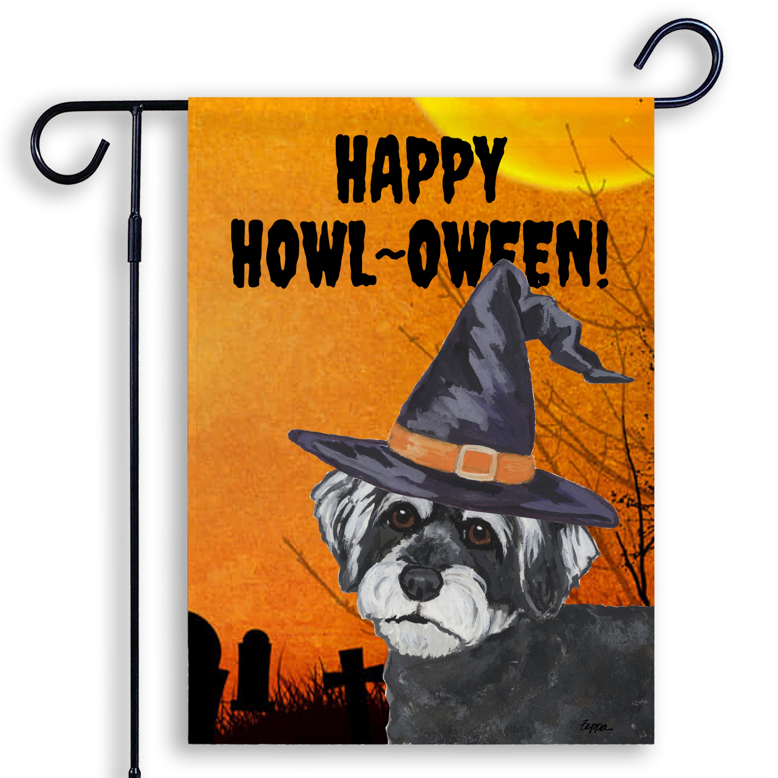 Halloween-themed garden flag with a Schnoodle wearing a witch hat and 'Happy Howl-Oween!' text on an orange background.