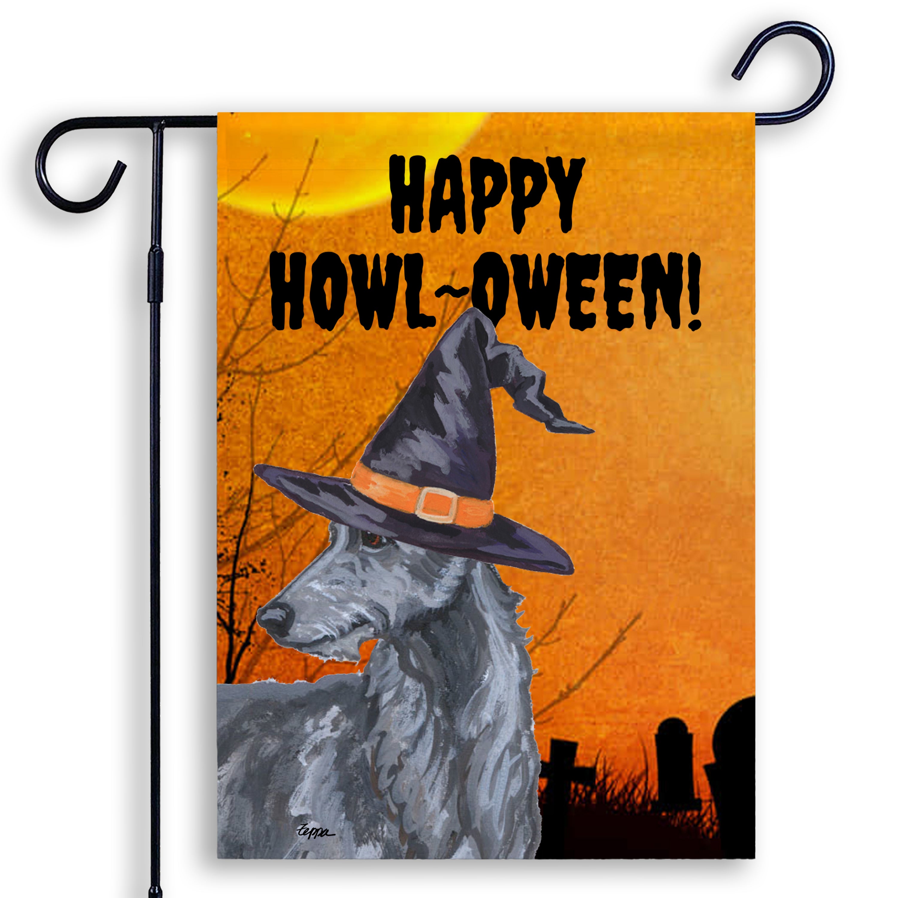 Halloween-themed garden flag with a Scottish Deerhound wearing a witch hat and 'Happy Howl-Oween!' text on an orange background.