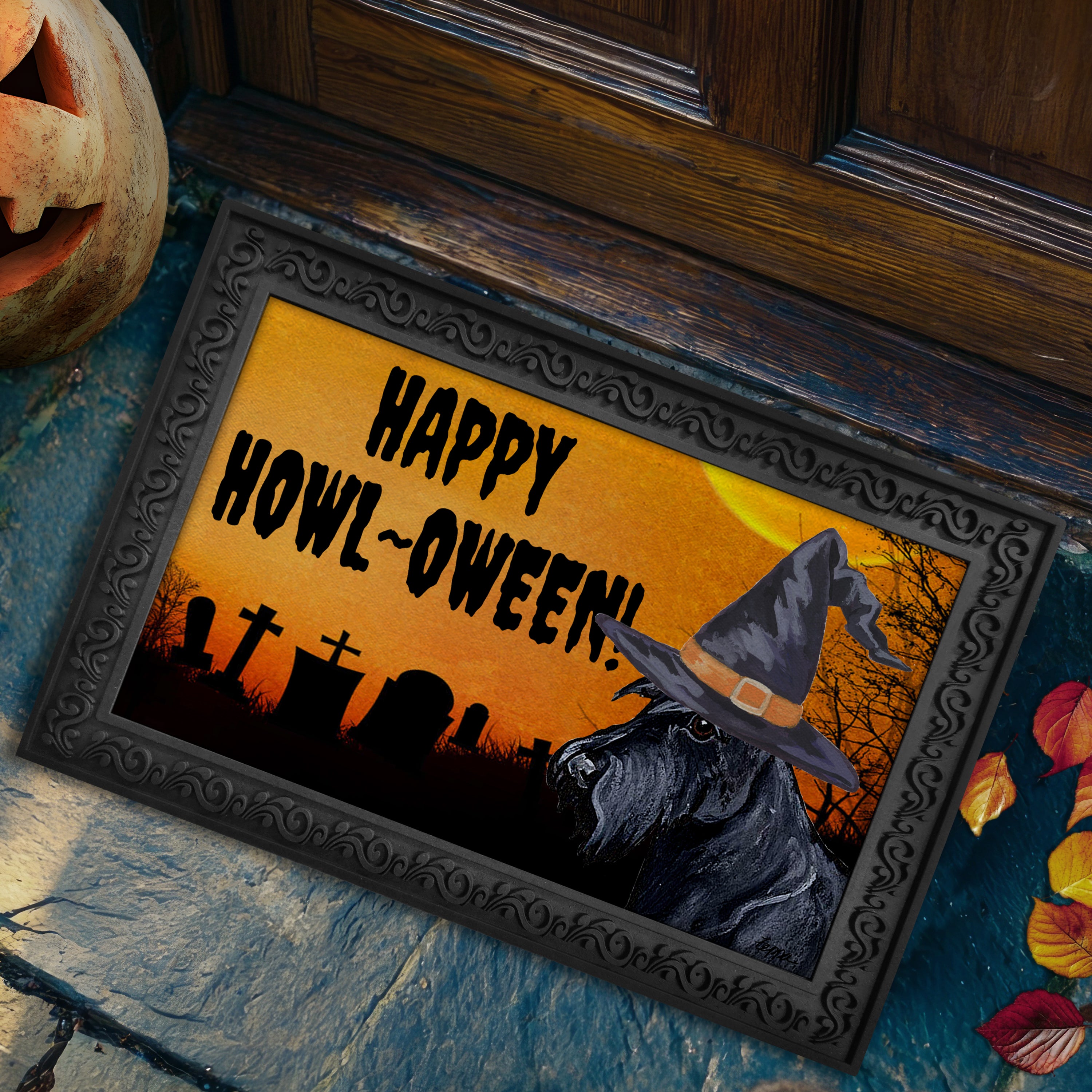 Halloween-themed doormat with a Scottish Terrier wearing a witch hat and 'Happy Howl-Oween!' text.