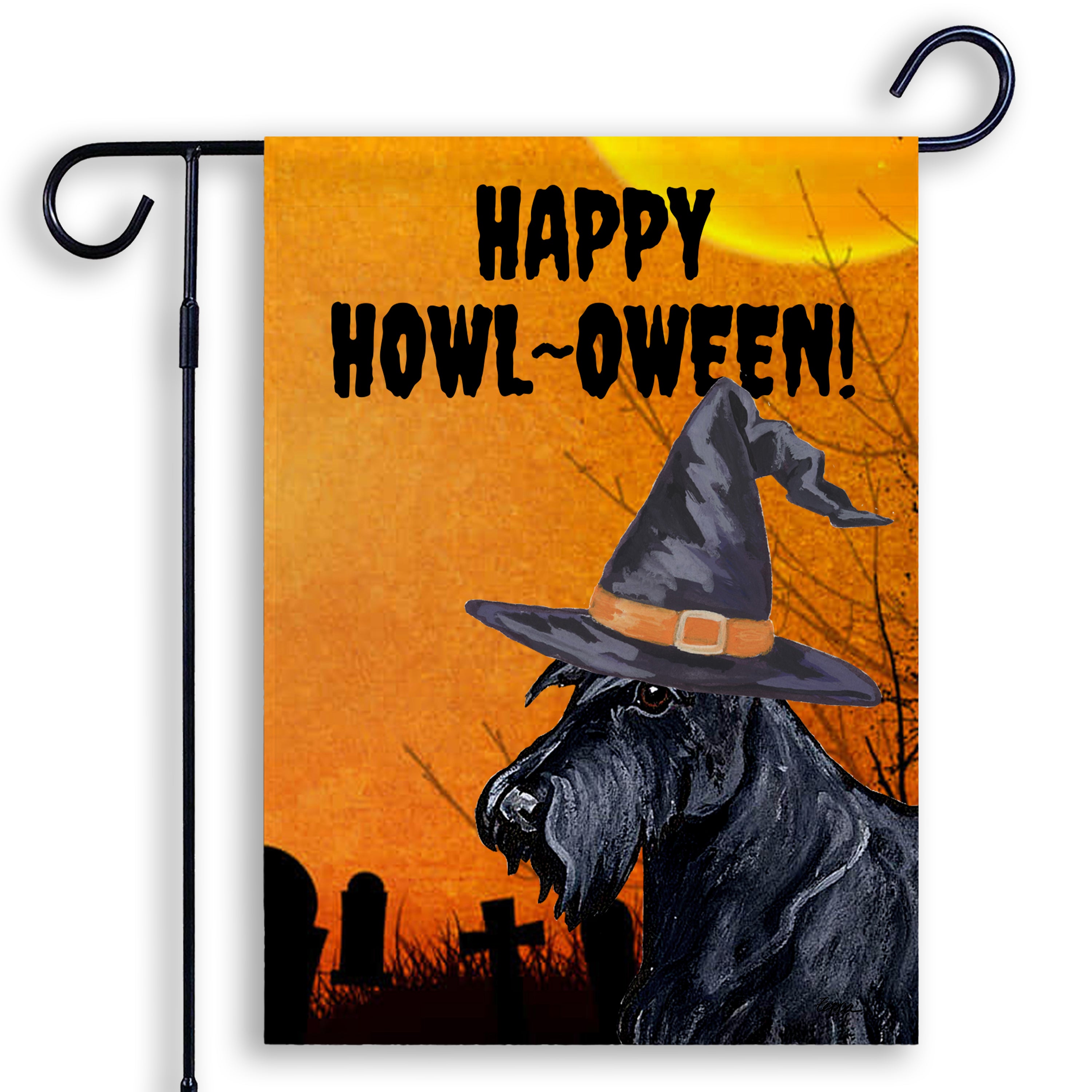 Halloween-themed garden flag with a Scottish Terrier wearing a witch hat and 'Happy Howl-Oween!' text on an orange background.