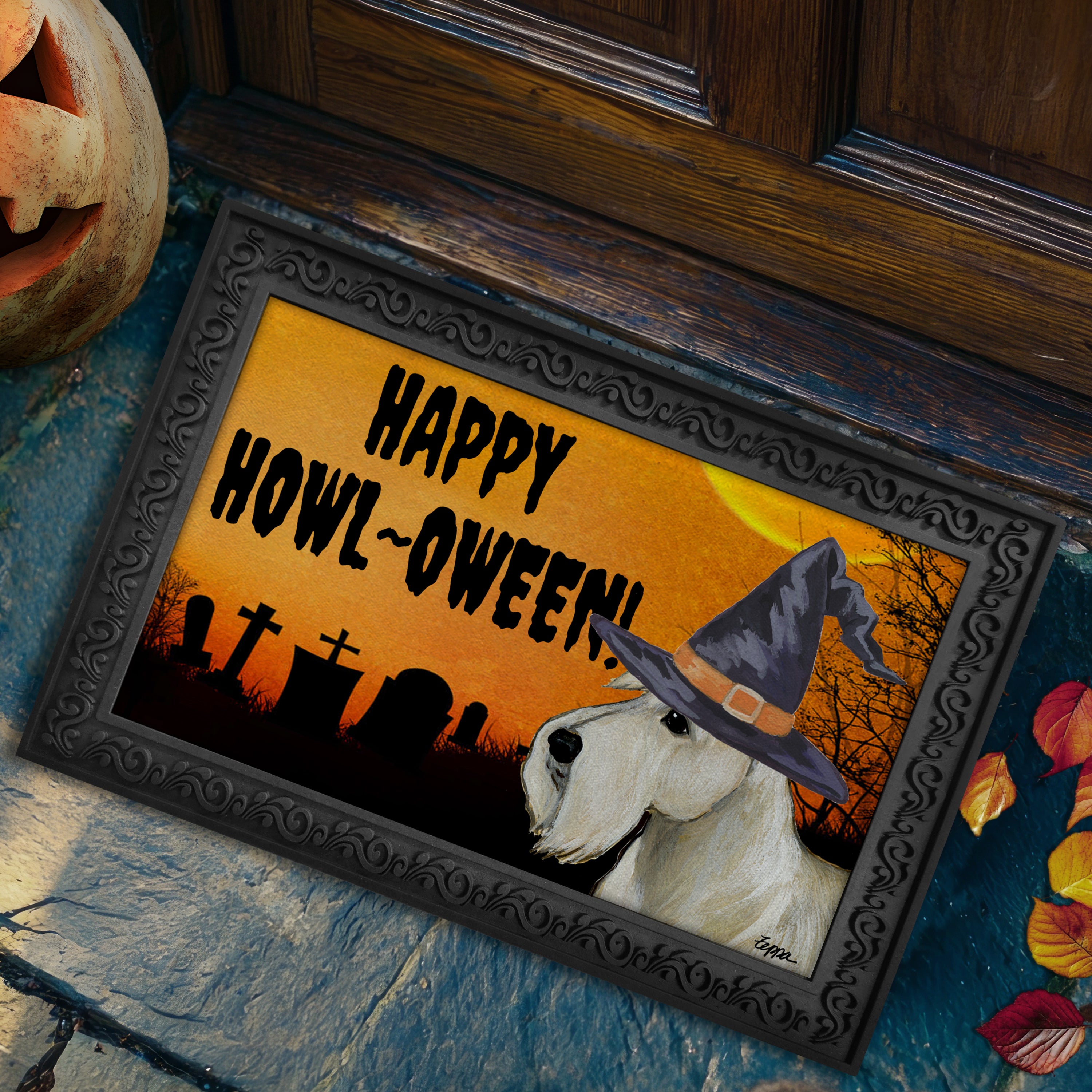 Halloween-themed doormat with a Scottish Terrier wearing a witch hat and 'Happy Howl-Oween!' text.