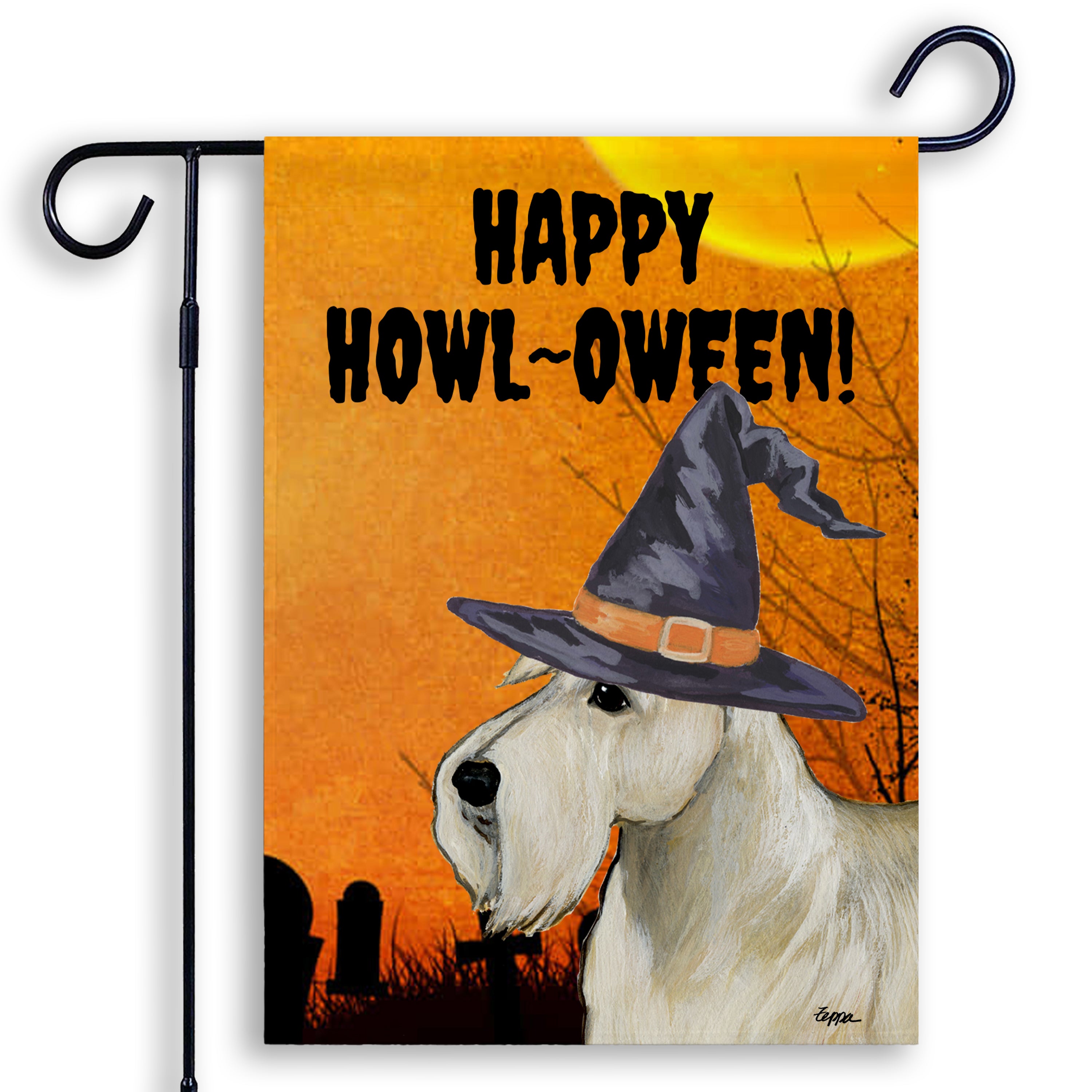 Halloween-themed garden flag with a Scottish Terrier wearing a witch hat and 'Happy Howl-Oween!' text on an orange background.