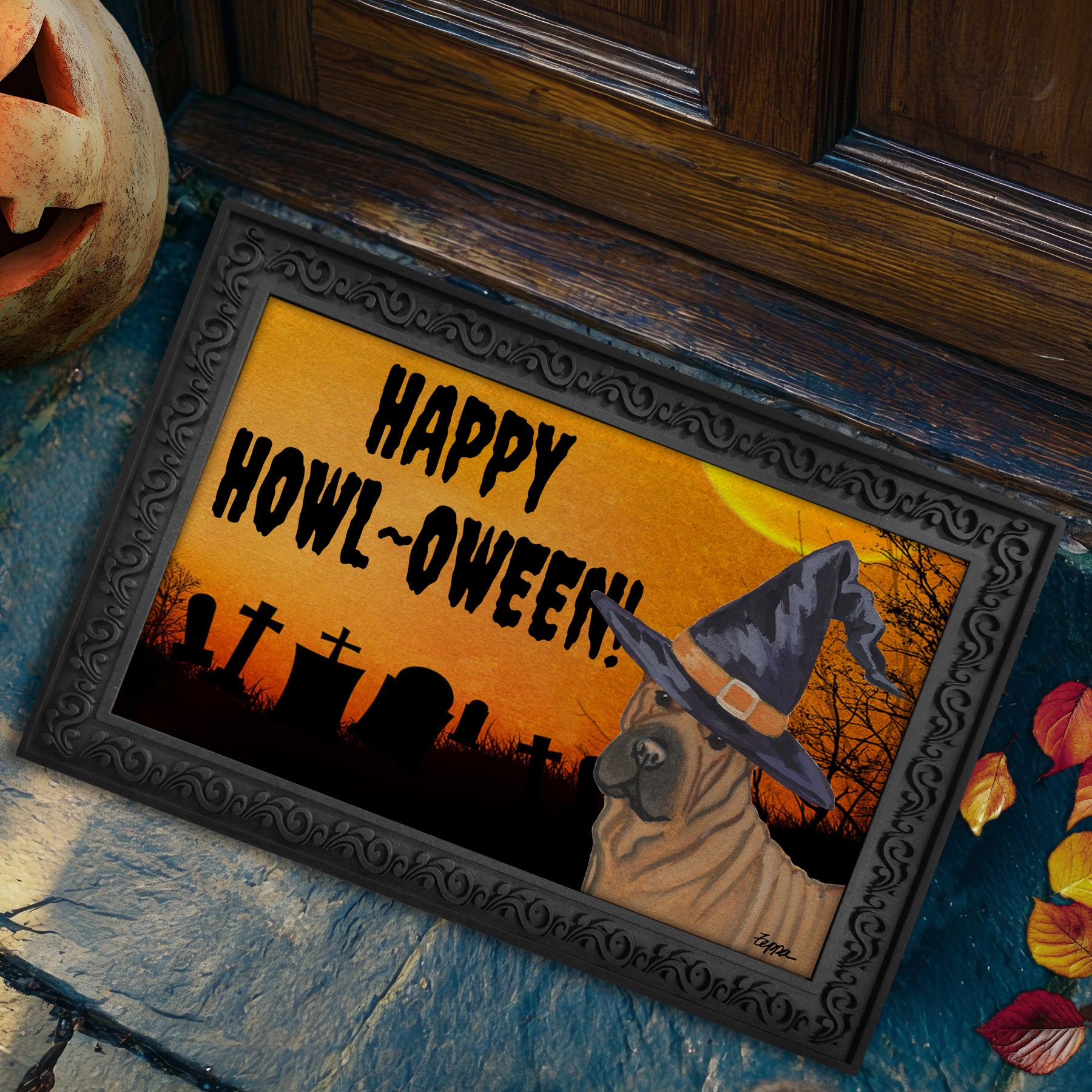 Halloween-themed doormat with a Shar-Pei wearing a witch hat and 'Happy Howl-Oween!' text.