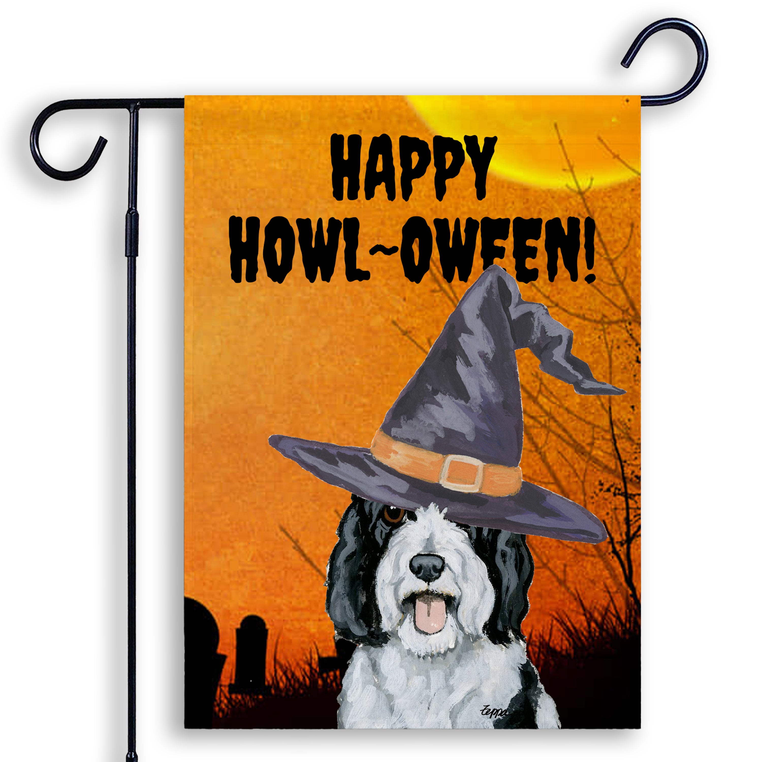 Halloween-themed garden flag with a Sheepadoodle wearing a witch hat and 'Happy Howl-Oween!' text on an orange background.