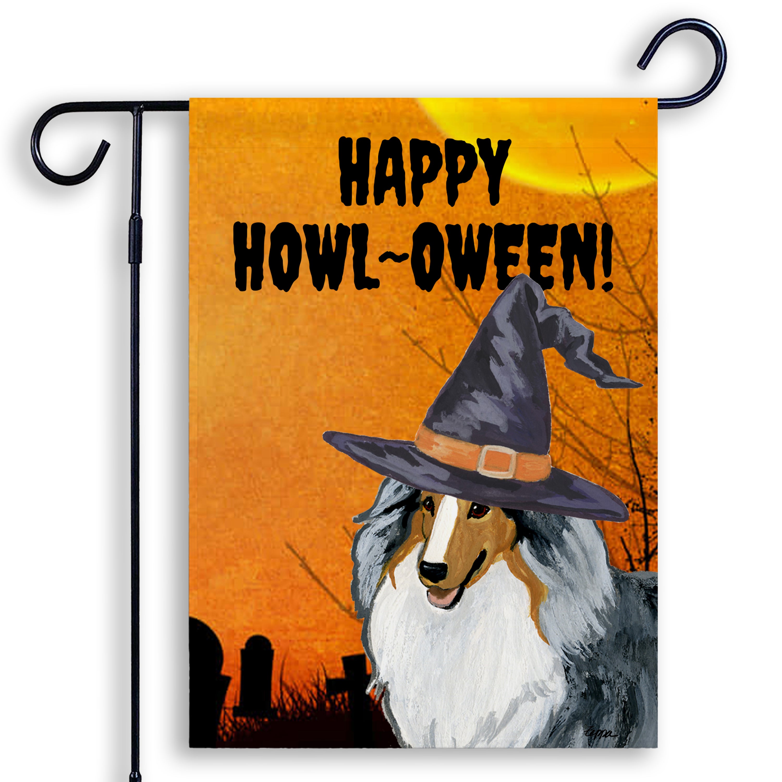 Halloween-themed garden flag with a Shetland Sheepdog wearing a witch hat and 'Happy Howl-Oween!' text on an orange background.