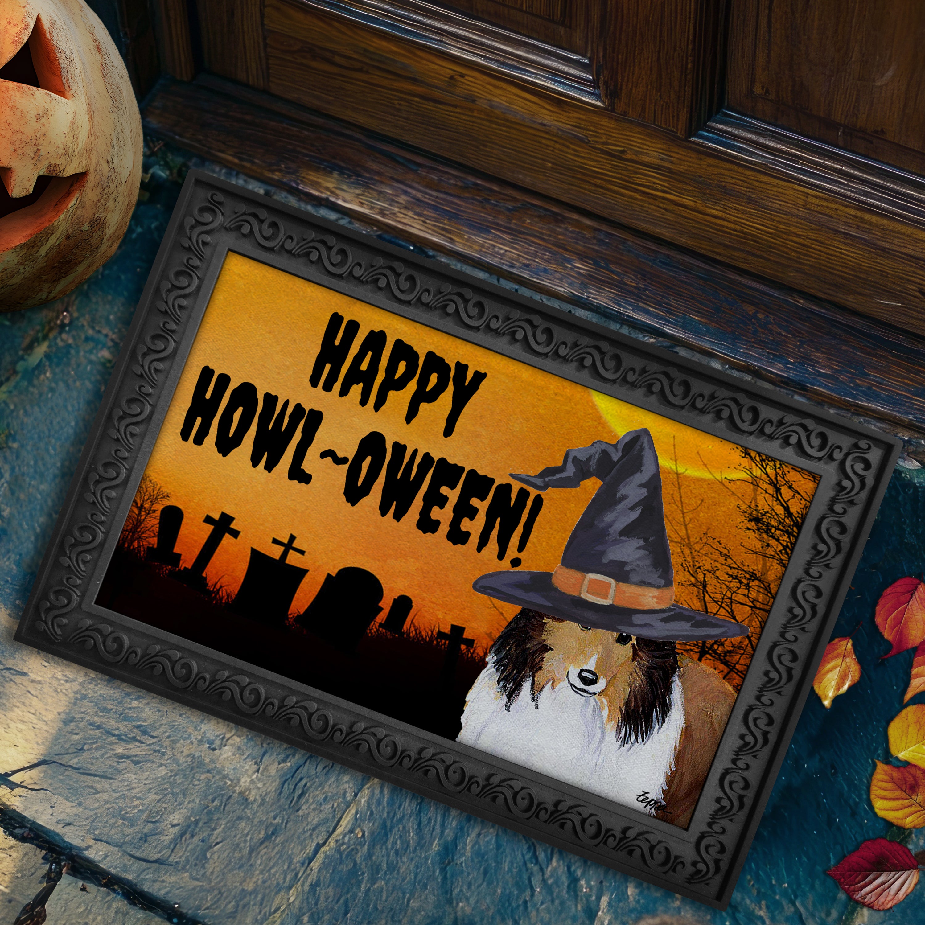 Halloween-themed doormat with a Shetland Sheepdog wearing a witch hat and 'Happy Howl-Oween!' text.