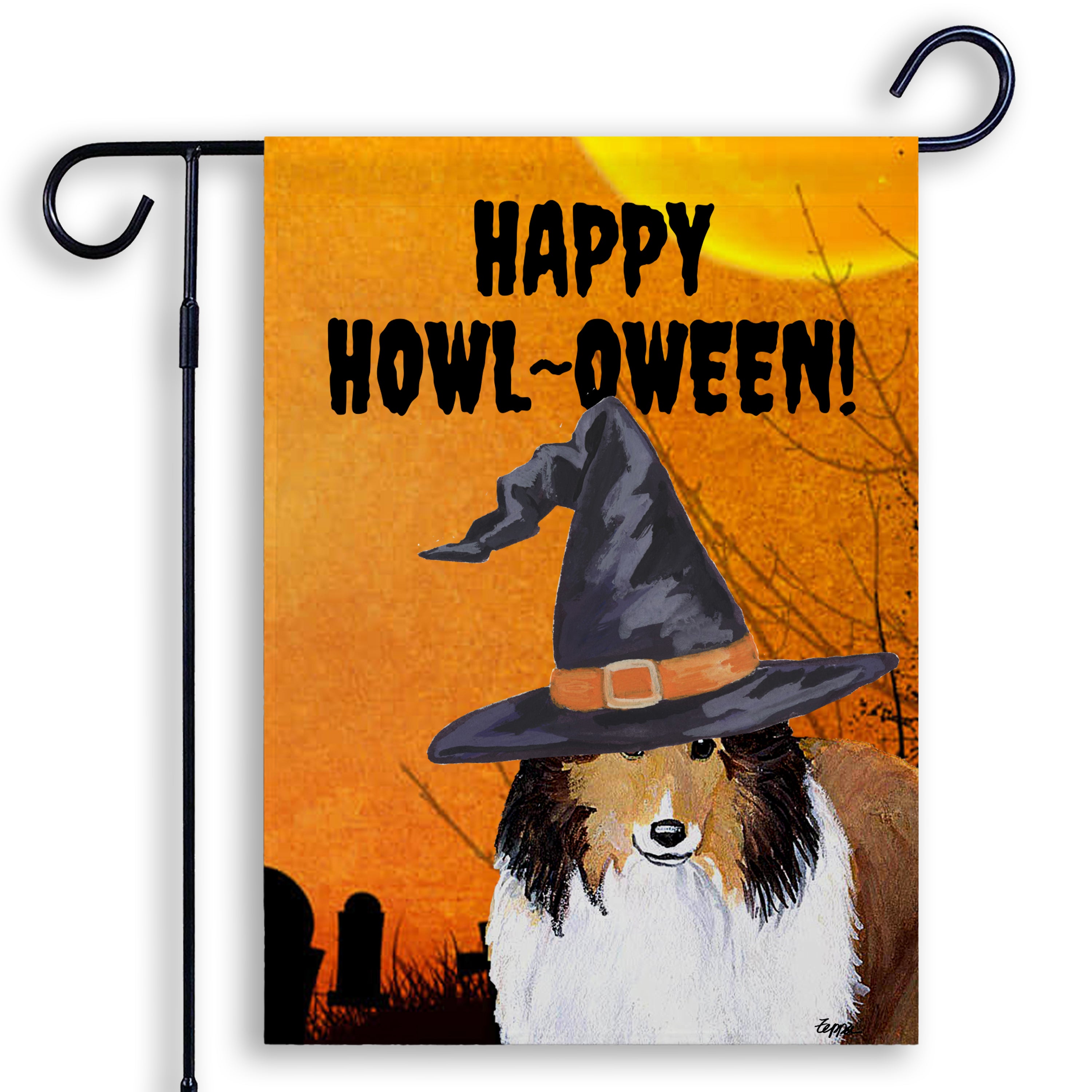 Halloween-themed garden flag with a Shetland Sheepdog wearing a witch hat and 'Happy Howl-Oween!' text on an orange background.