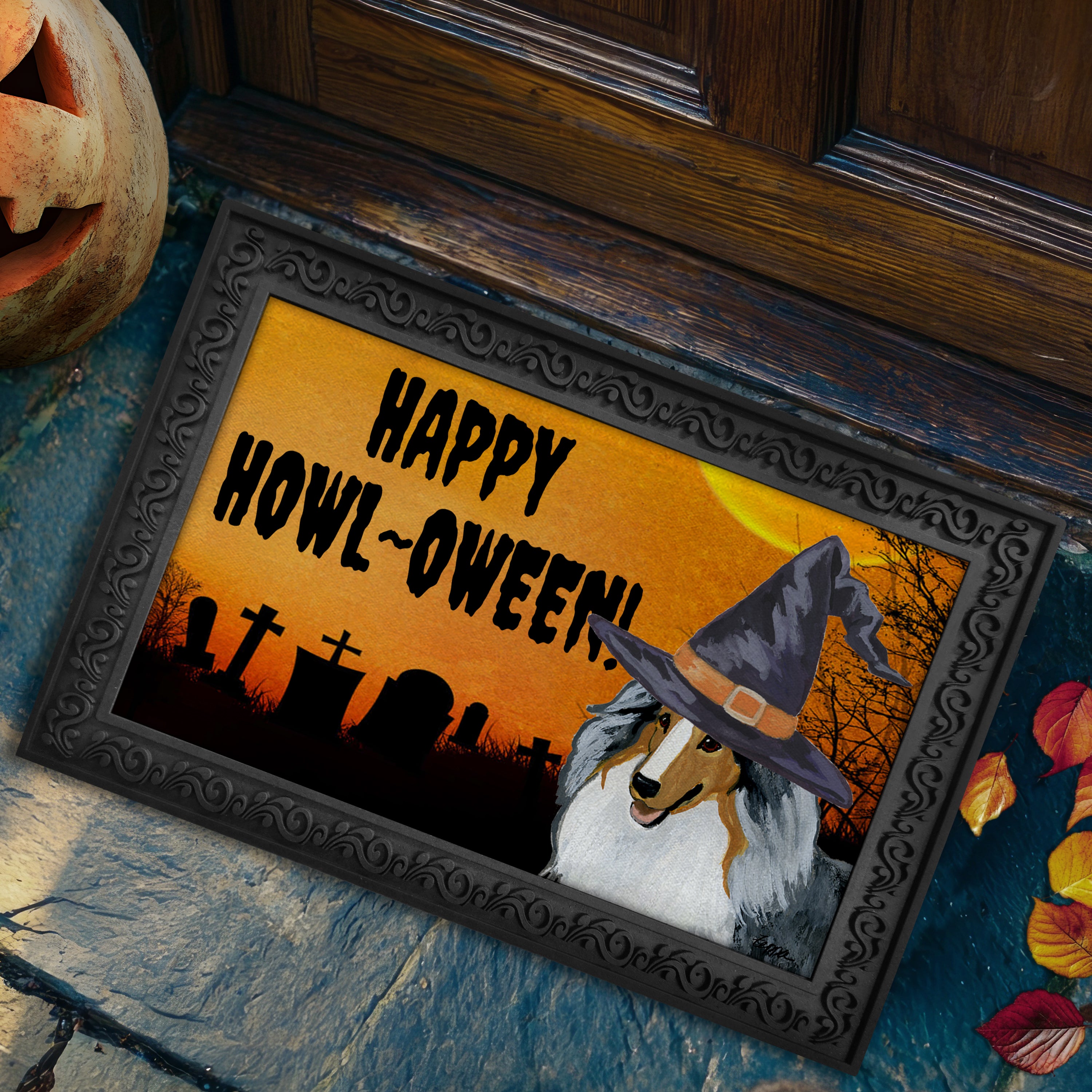 Halloween-themed doormat with a Shetland Sheepdog wearing a witch hat and 'Happy Howl-Oween!' text.