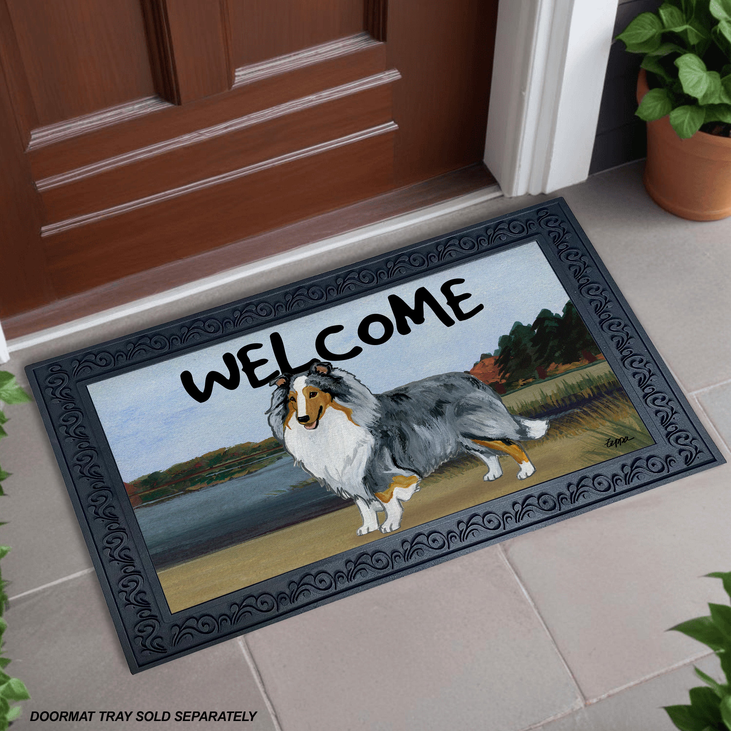 Blue Merle Shetland Sheepdog Lake Scene Welcome Mat