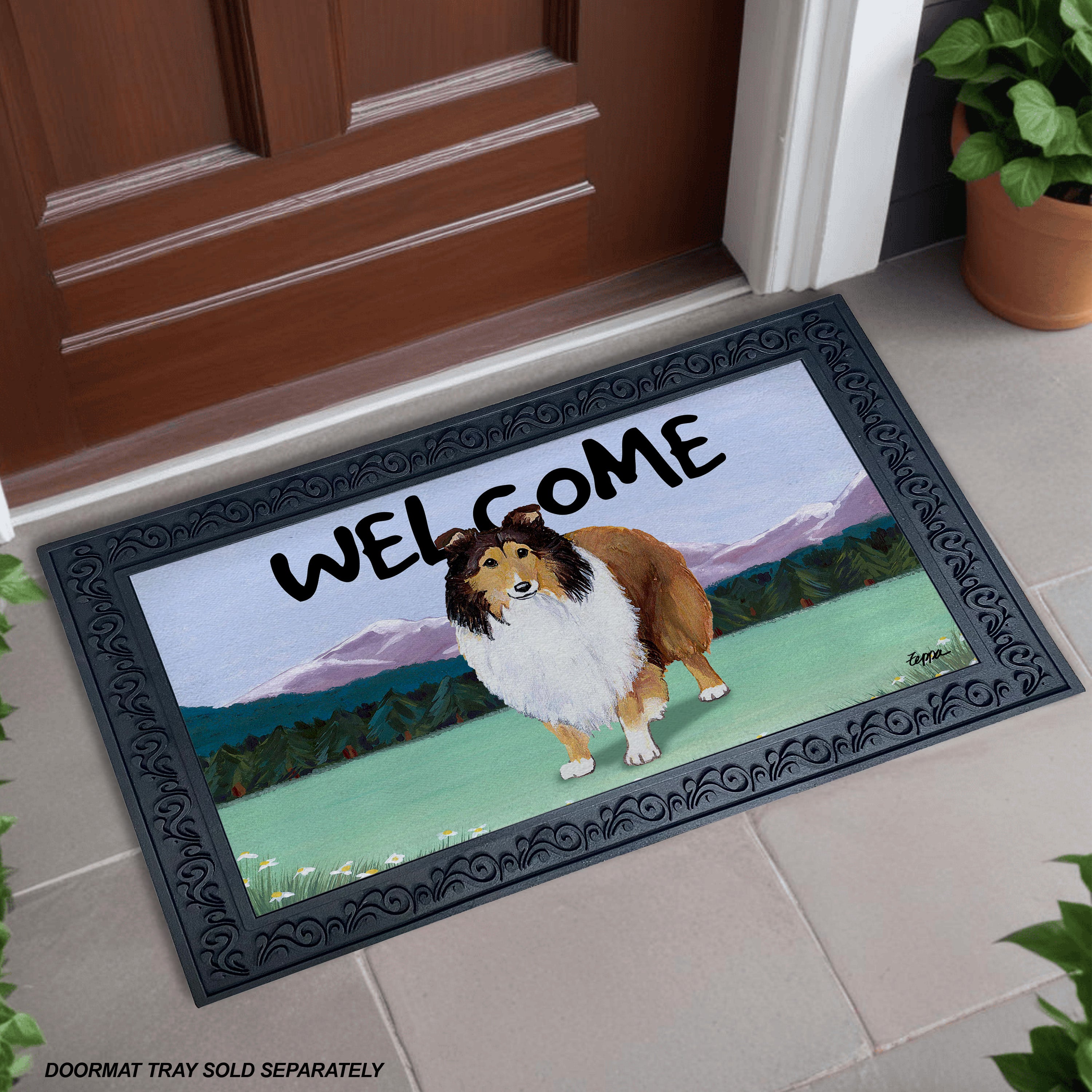 Shetland Sheepdog Mountain Scene Welcome Mat