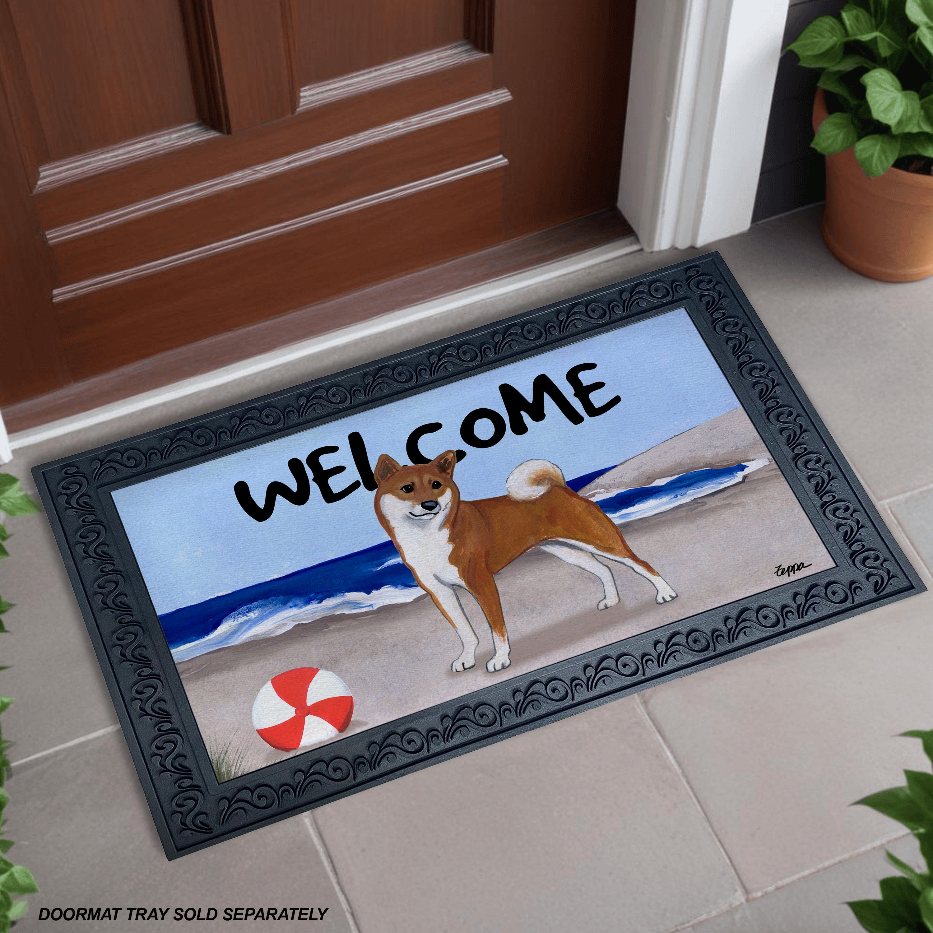 Shiba Inu Beach Scene Welcome Mat