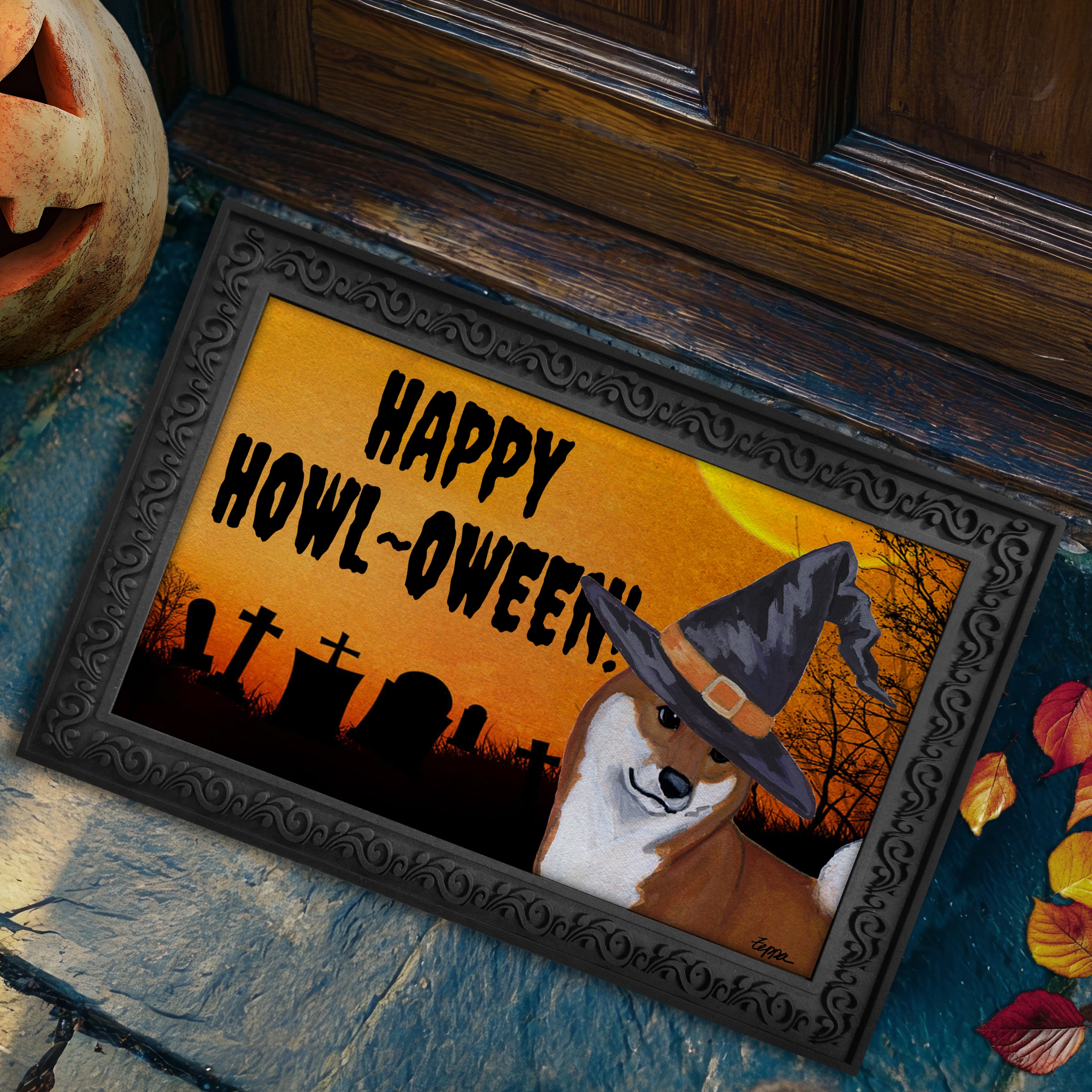 Halloween-themed doormat with a Shiba Inu wearing a witch hat and 'Happy Howl-Oween!' text.