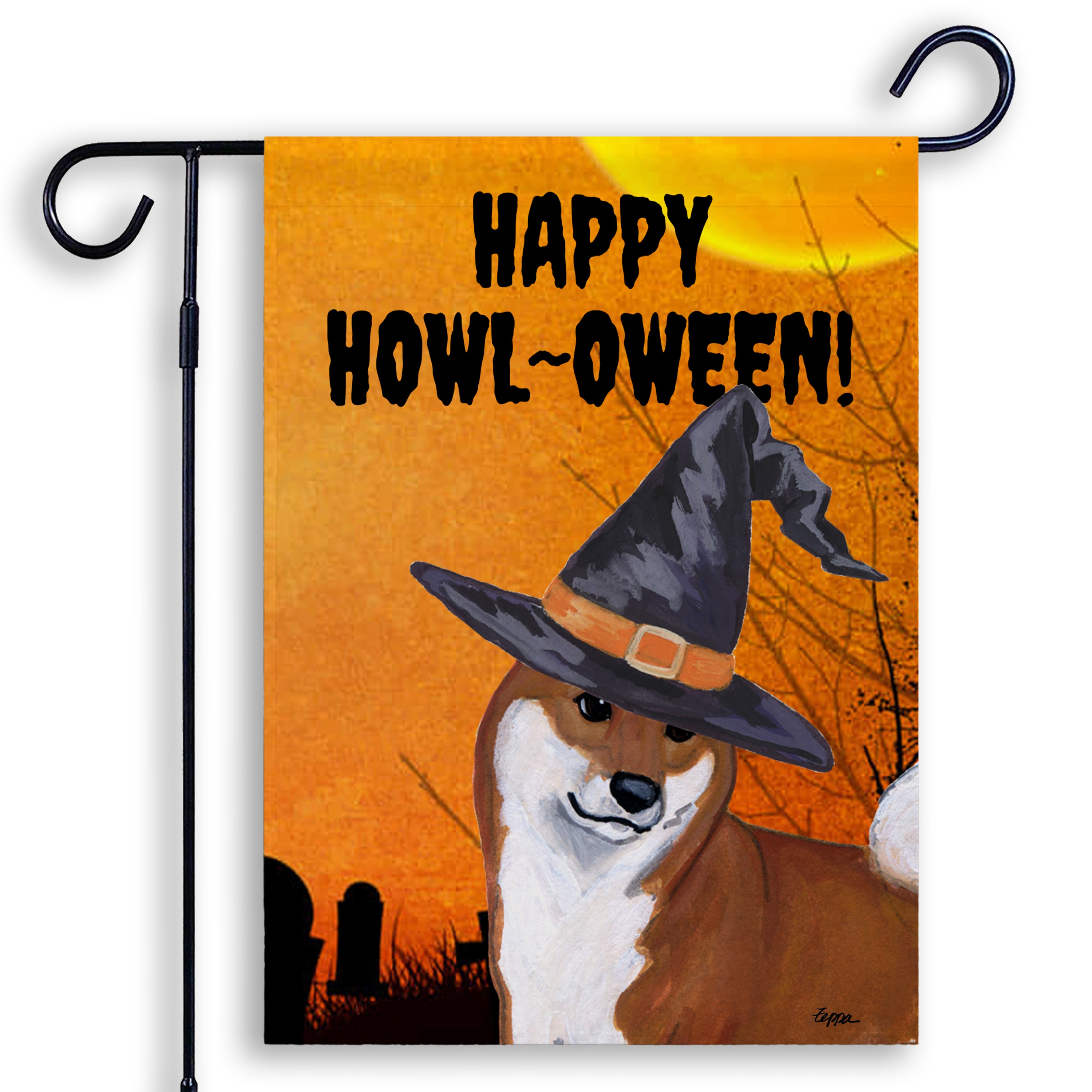 Halloween-themed garden flag with a Shiba Inu wearing a witch hat and 'Happy Howl-Oween!' text on an orange background.
