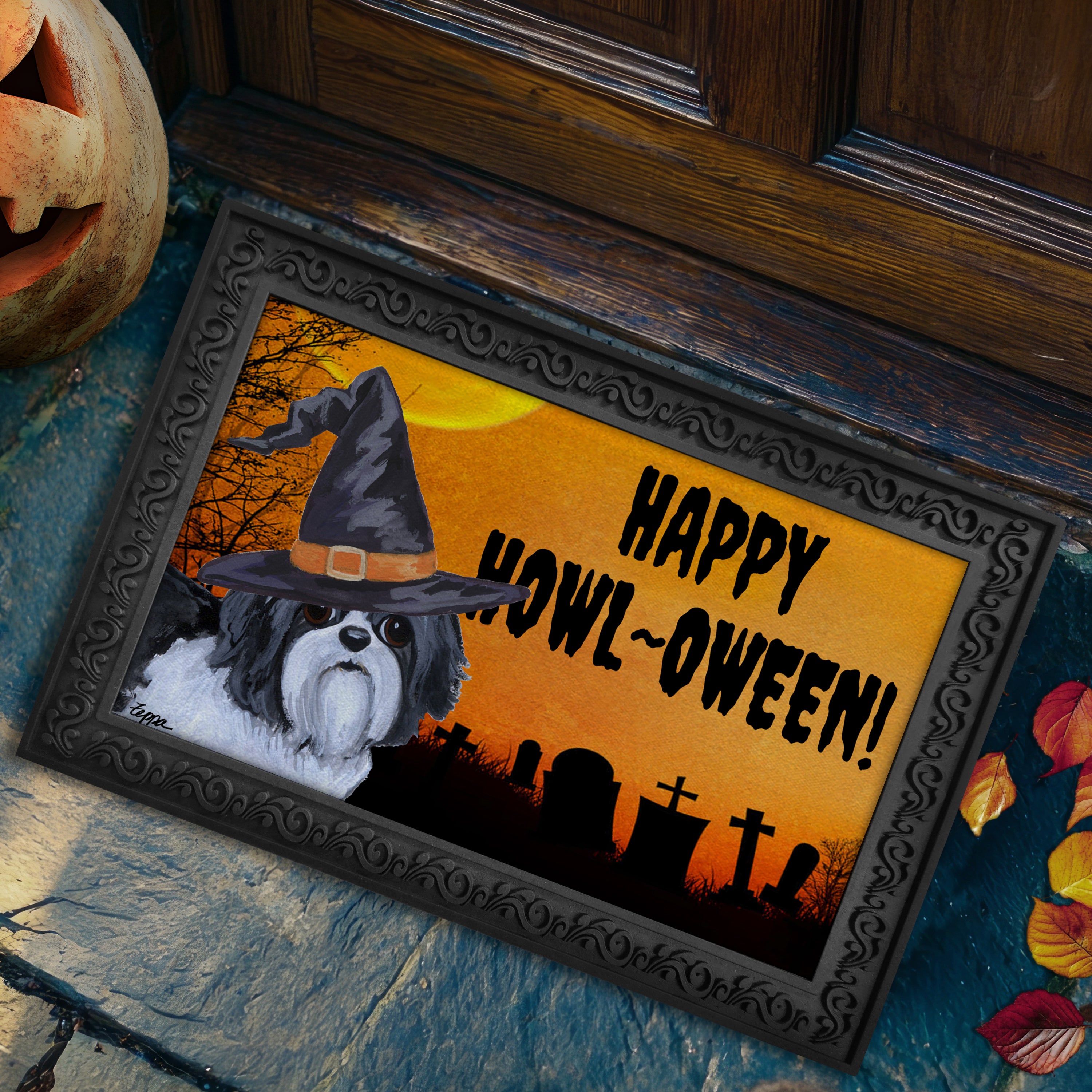 Halloween-themed doormat with a Shih Tzu wearing a witch hat and 'Happy Howl-Oween!' text.
