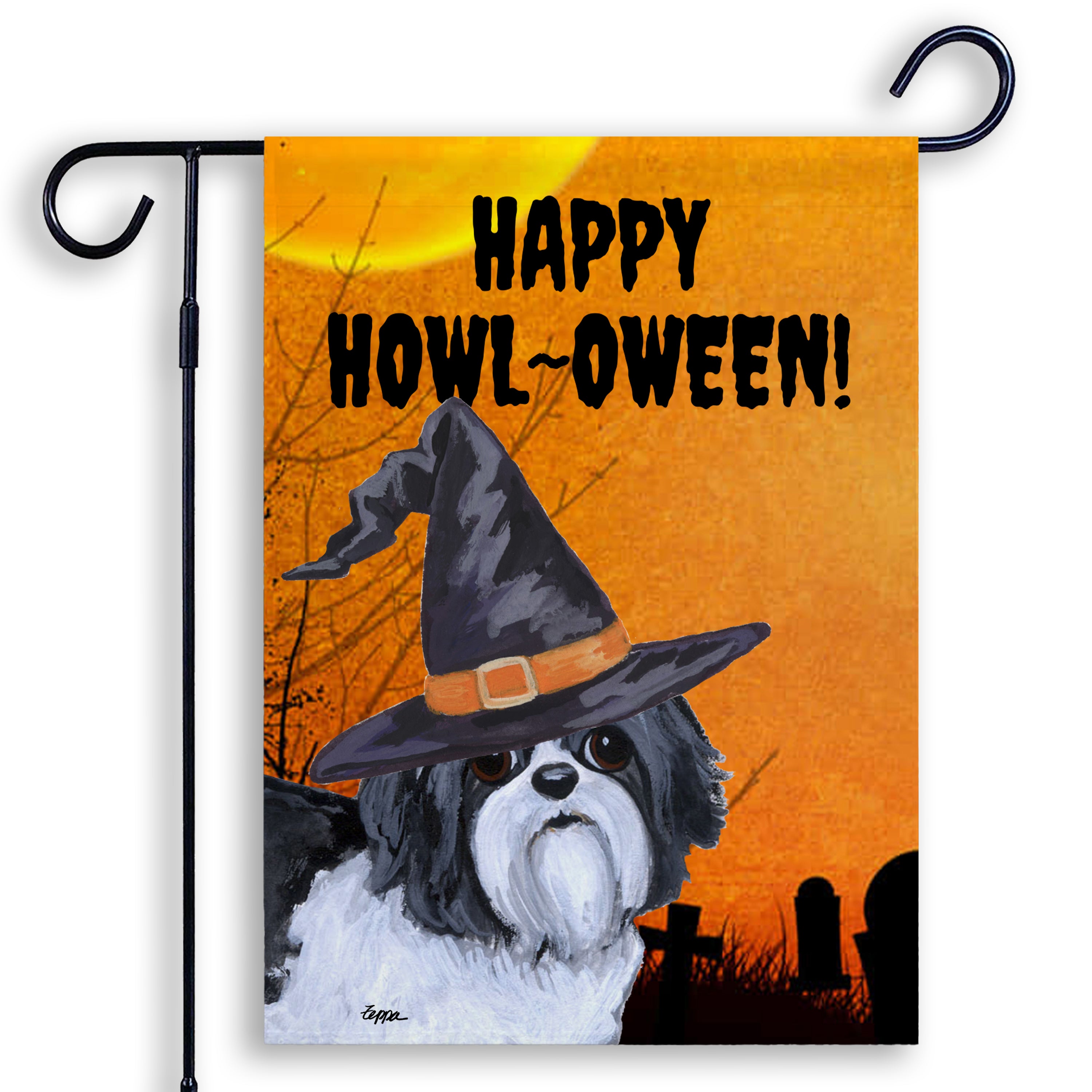 Halloween-themed garden flag with a Shih Tzu wearing a witch hat and 'Happy Howl-Oween!' text on an orange background.